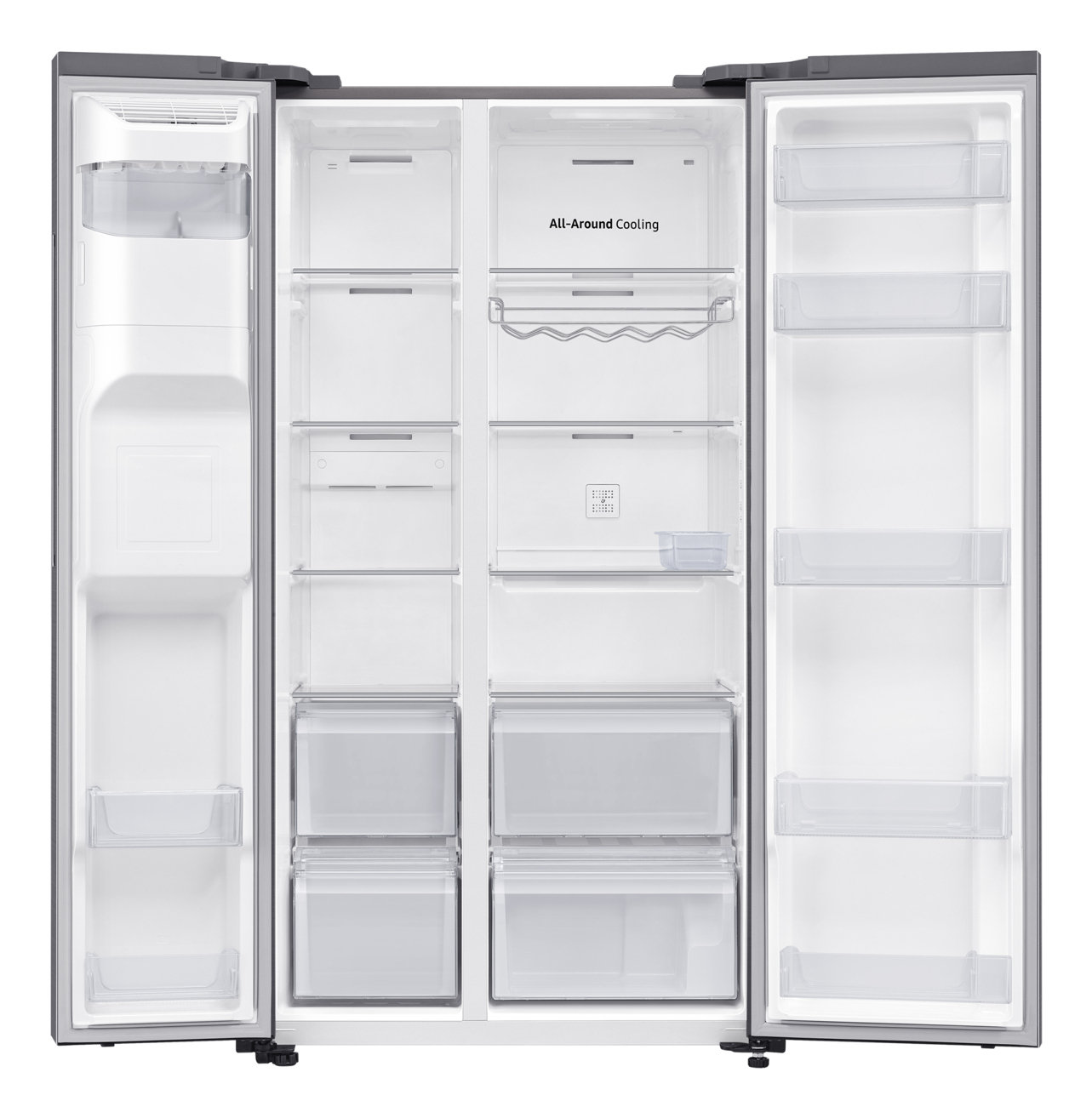 Geöffneter Side-by-Side-Kühlschrank. Innenraum zeigt Regale, Schubladen und Text 'All-Around Cooling'. Türen sind offen.