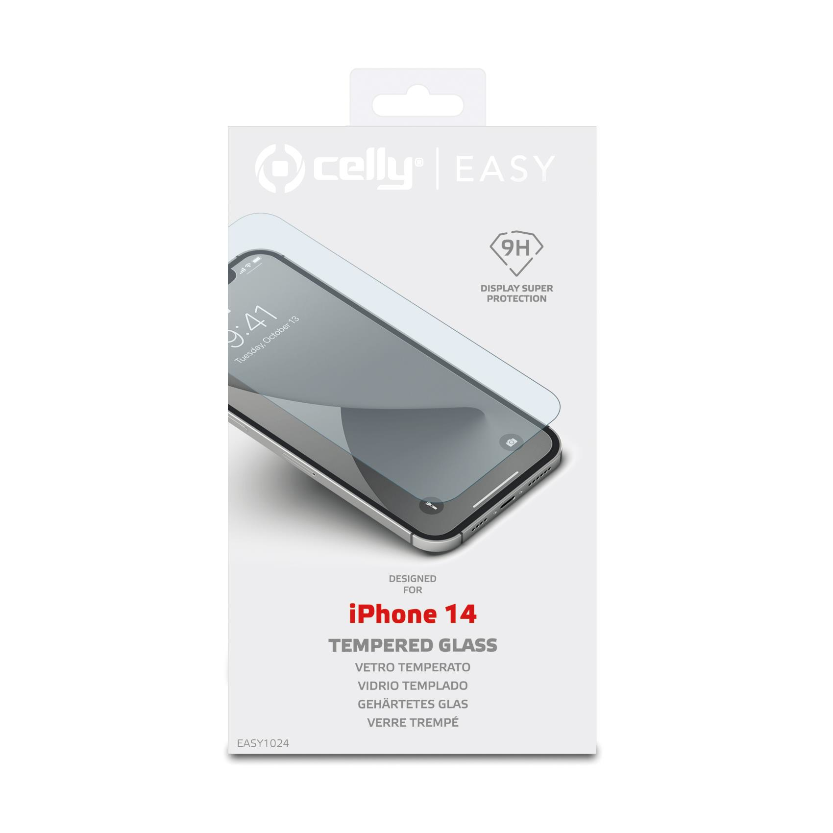 Un teléfono con protector de pantalla en su caja. La caja dice 'iPhone 14 TEMPERED GLASS' y tiene el logotipo de la marca.