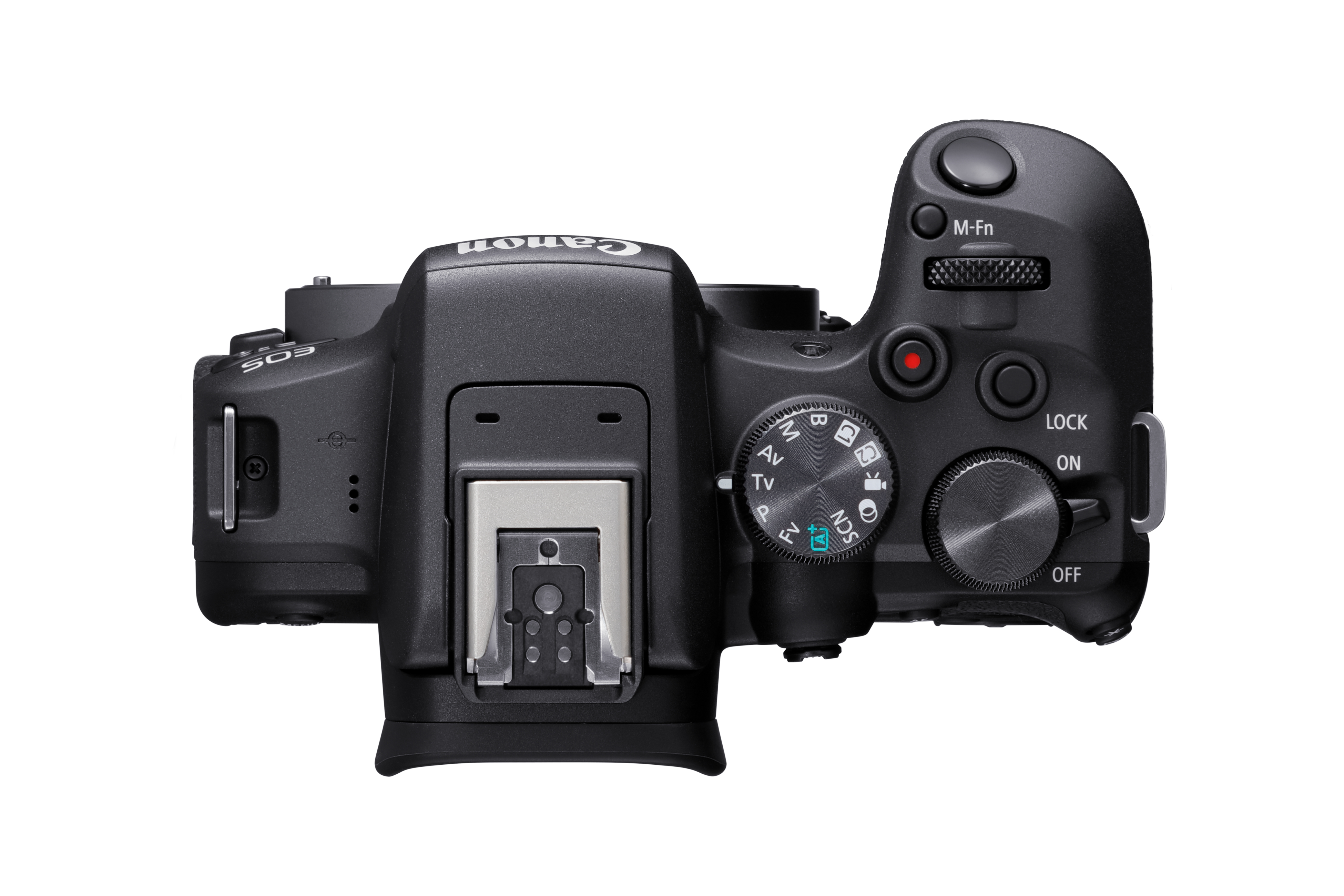 Vista dall'alto di una fotocamera Canon nera. Presenta ghiere, pulsanti e un attacco per flash. La fotocamera è su sfondo bianco.