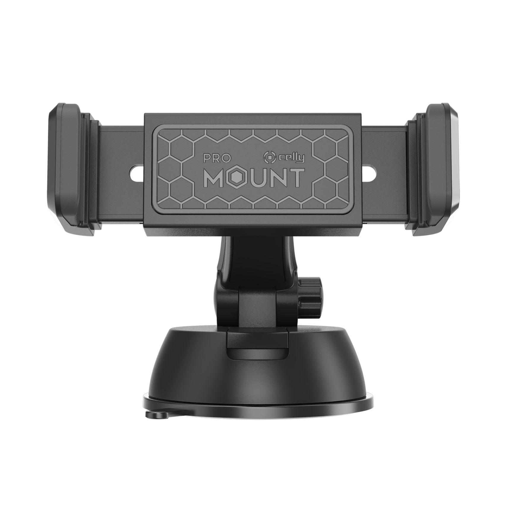 Soporte negro para teléfono de coche. Tiene ventosa y soporte ajustable con el logo 'PRO MOUNT'.
