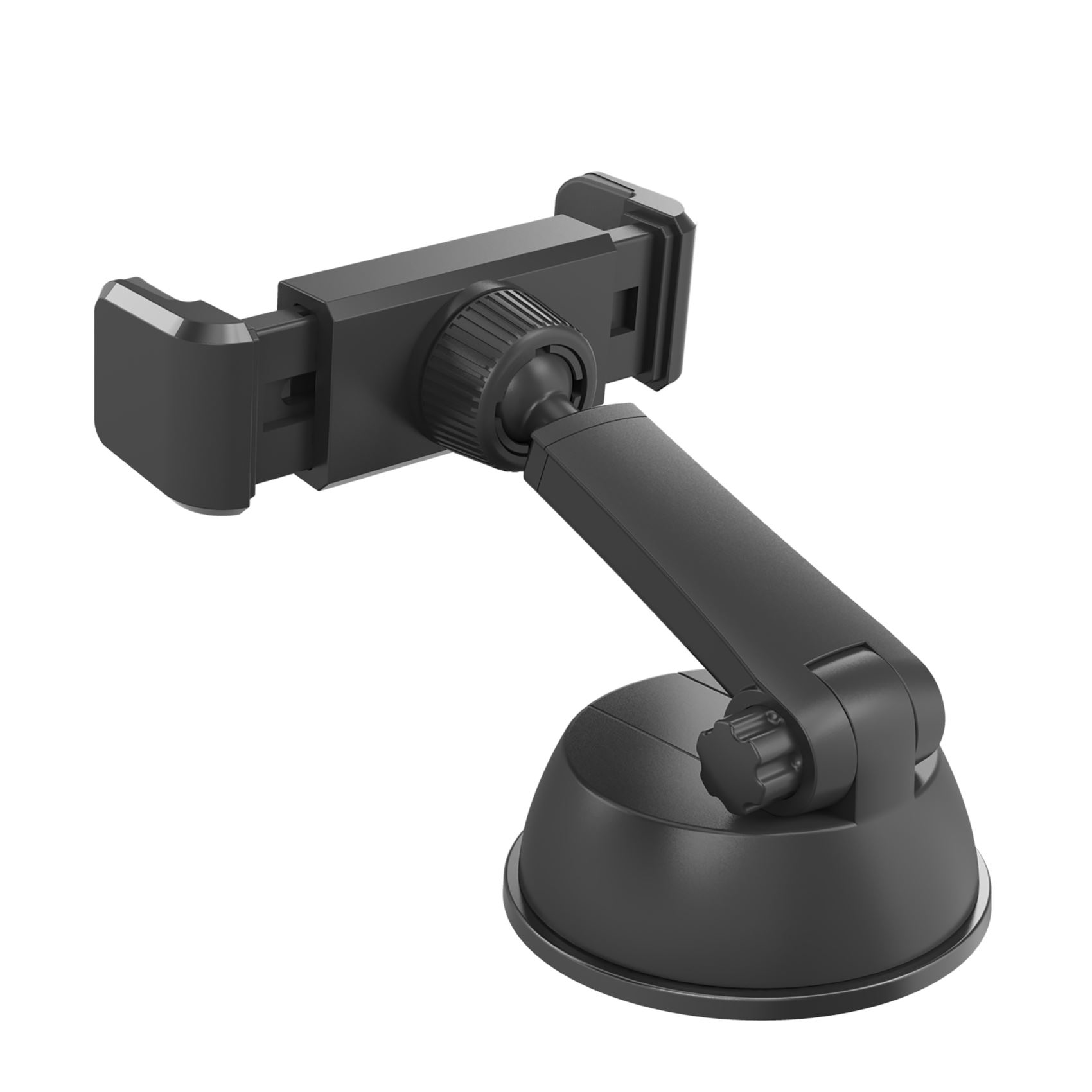 Soporte negro para teléfono de coche con ventosa. Es ajustable y tiene una rótula para posicionamiento.