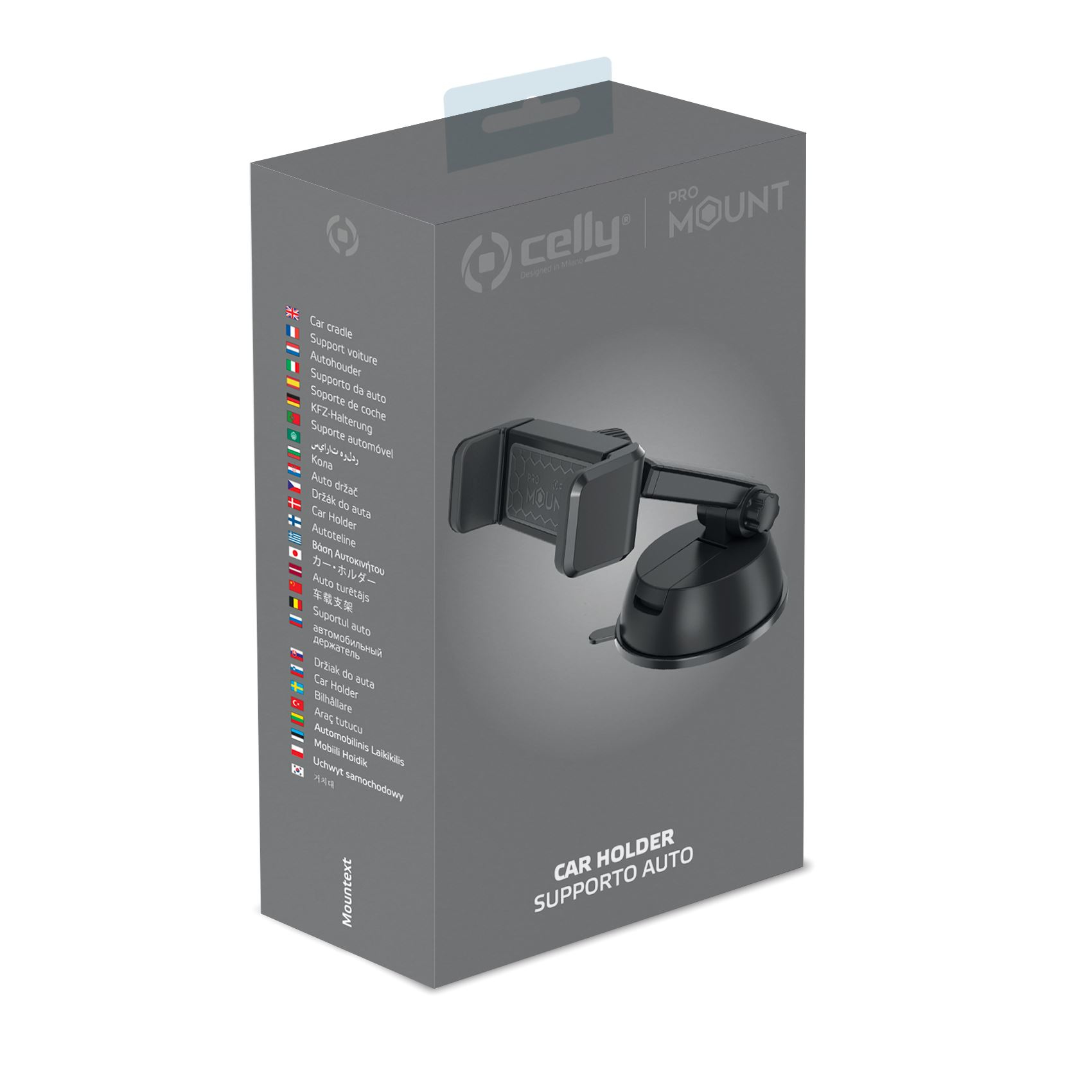 Un soporte para teléfono de coche en una caja gris. La caja tiene texto en varios idiomas y un logotipo. El soporte es negro.