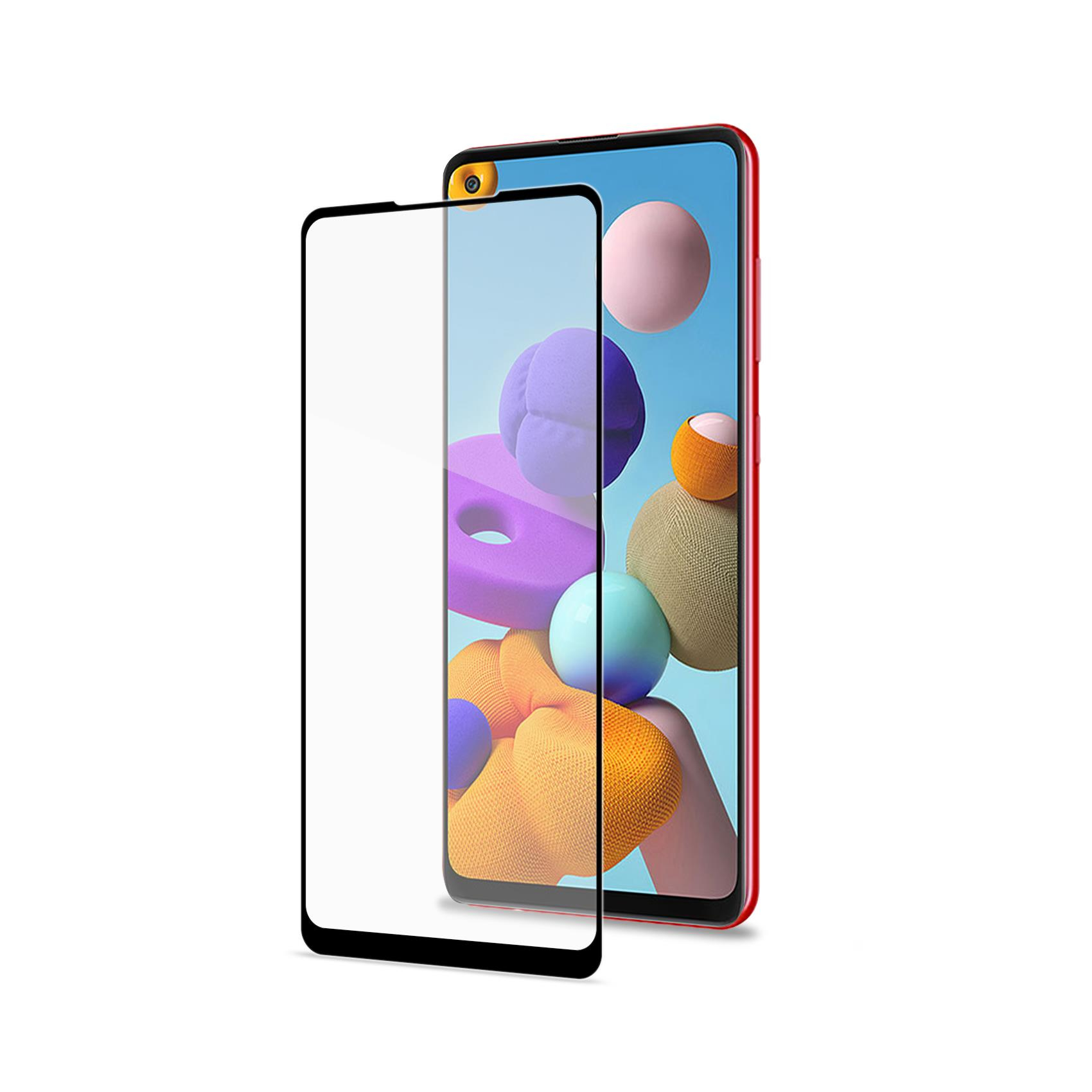 Uno smartphone con protezione schermo. Il telefono ha una cornice rossa e forme astratte colorate sullo schermo.