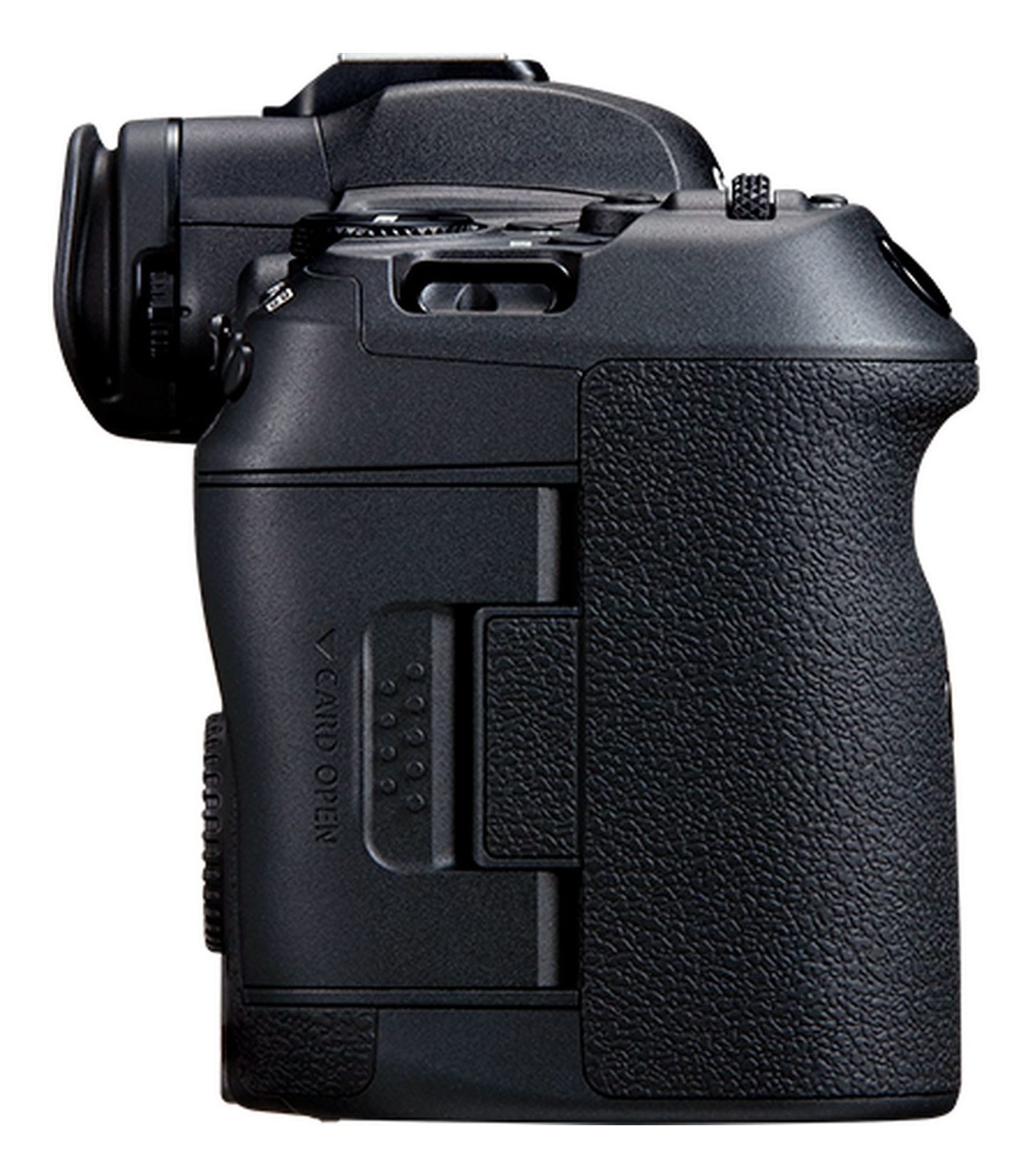 Corpo macchina nero, vista laterale. Include impugnatura, pulsanti e attacco obiettivo. Slot per scheda visibile.