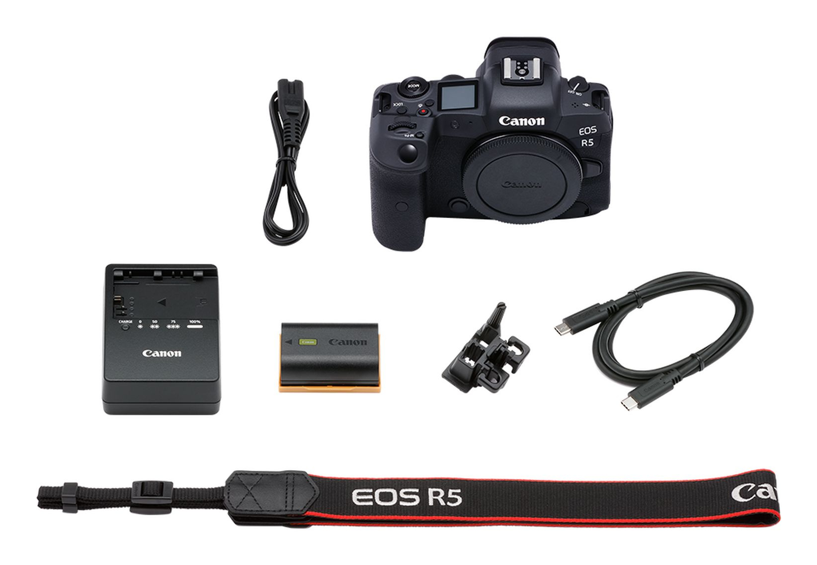 Una fotocamera Canon EOS R5 e accessori, tra cui caricabatterie, batteria, cinturino, cavi e tappo dell'obiettivo, su sfondo bianco.