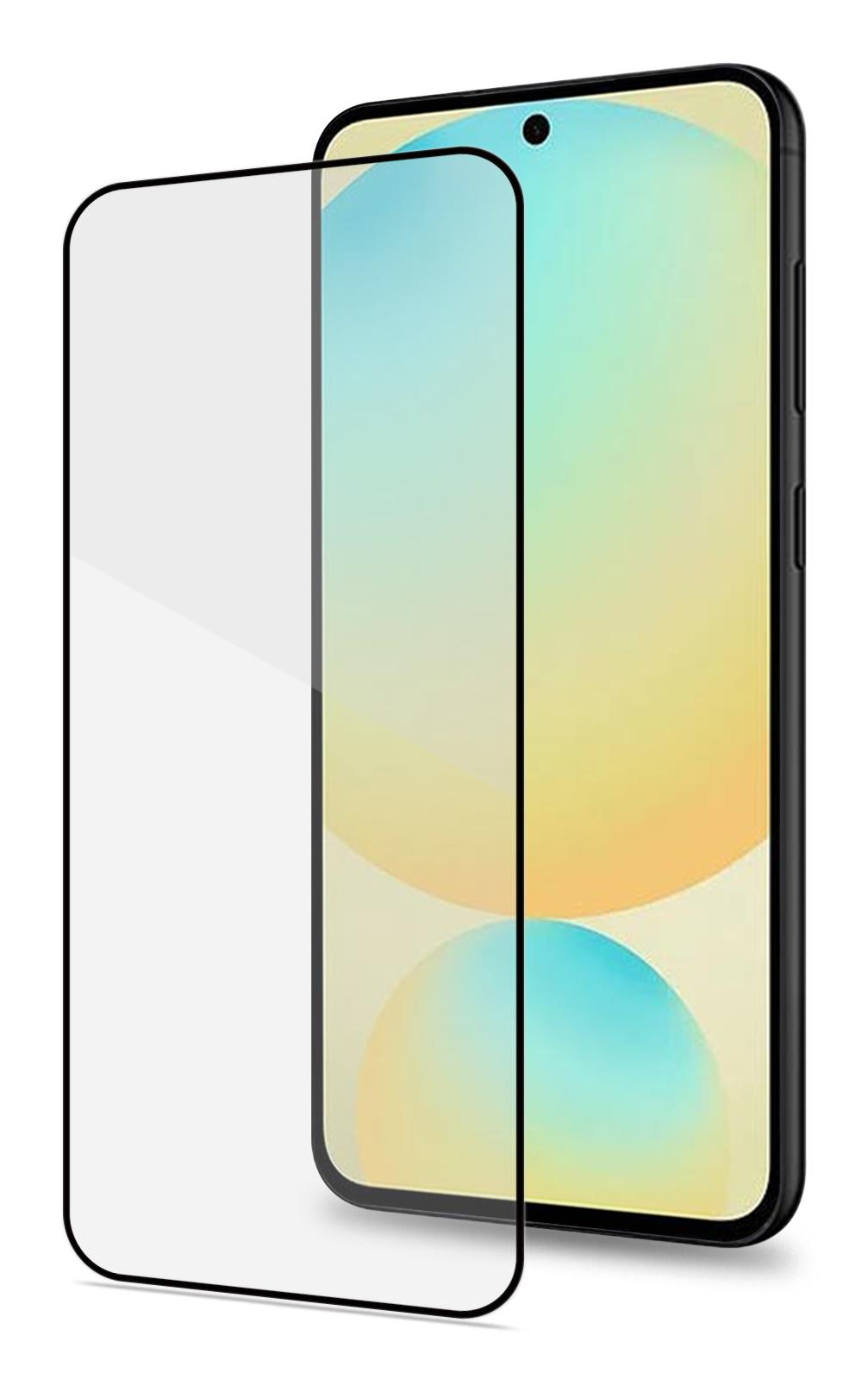 Uno smartphone con protezione schermo. Il telefono ha una cornice nera, la protezione è trasparente e lo schermo mostra una sfumatura colorata.