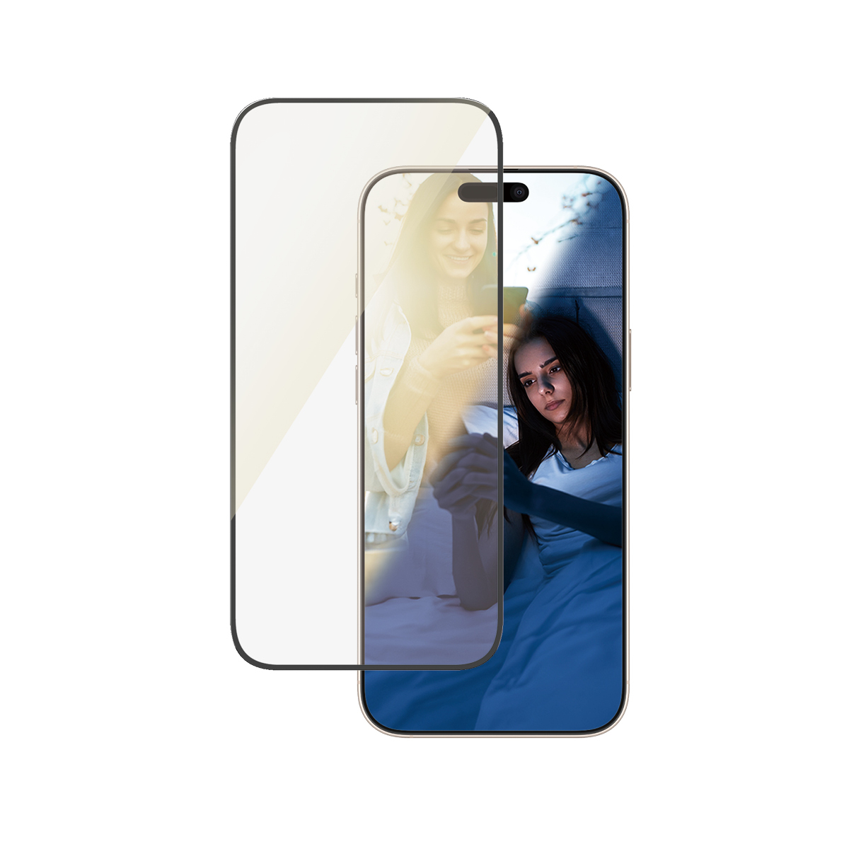 Un teléfono con dos imágenes: una mujer sonriendo afuera y una mujer triste en la cama. Un protector de pantalla está delante.