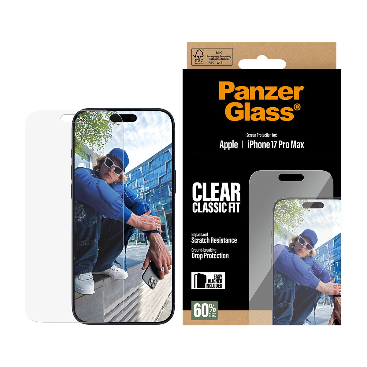 Une boîte de protection d'écran et l'image d'une personne tenant un téléphone. Sur la boîte : Panzer Glass, Clear Classic Fit.