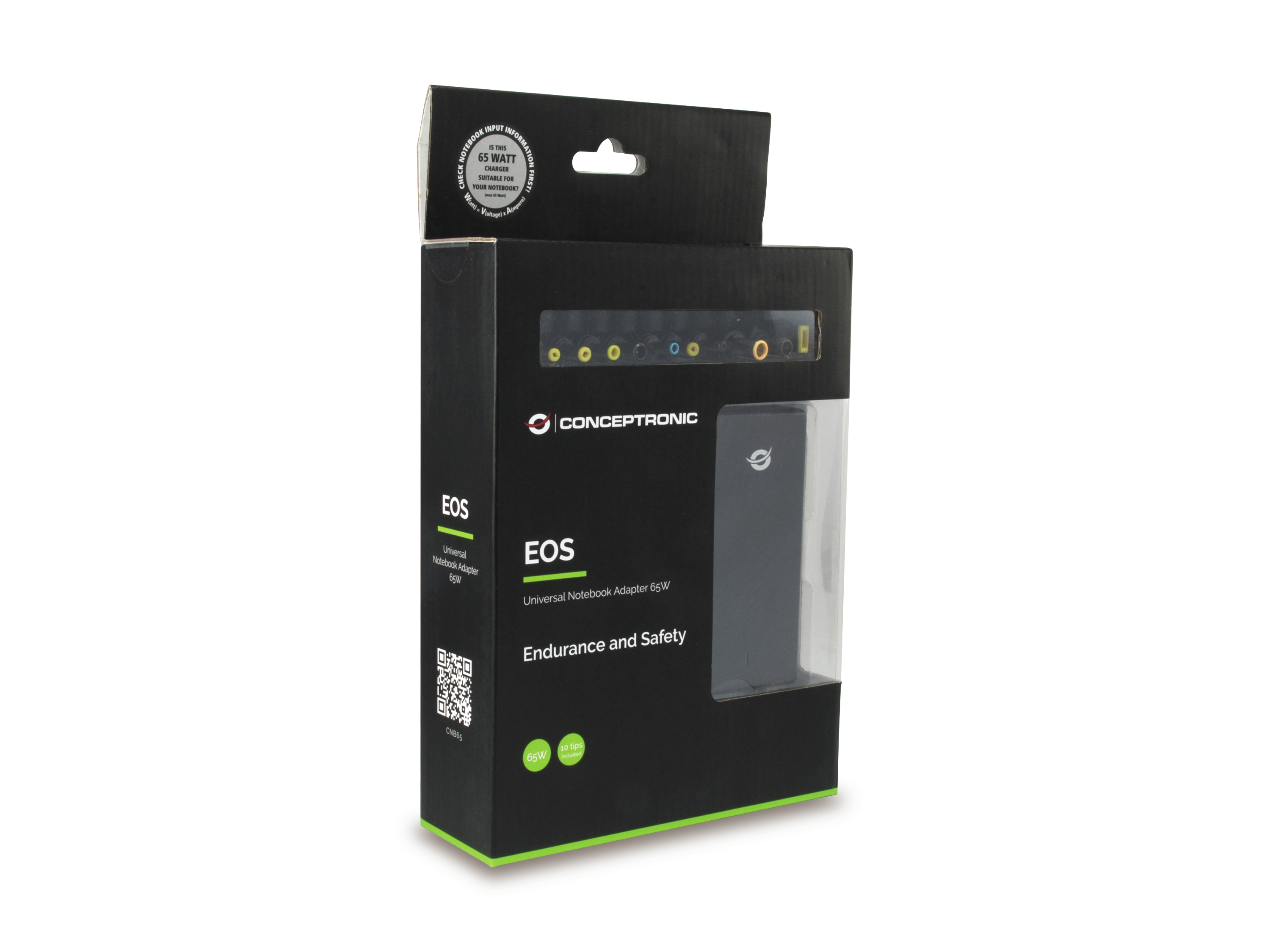 Caja negra con un cargador para portátil. Tiene la marca CONCEPTTRONIC. El texto 'EOS Universal Notebook Adapter 65W' es visible.