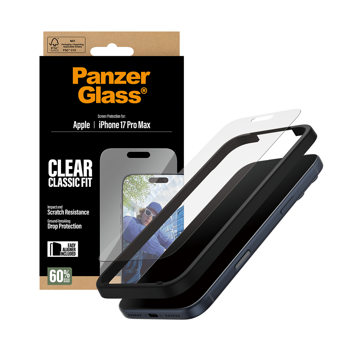 Une boîte de protection d'écran Panzer Glass et un téléphone. La boîte contient du texte et une image de téléphone. Un protecteur d'écran est sur le téléphone.