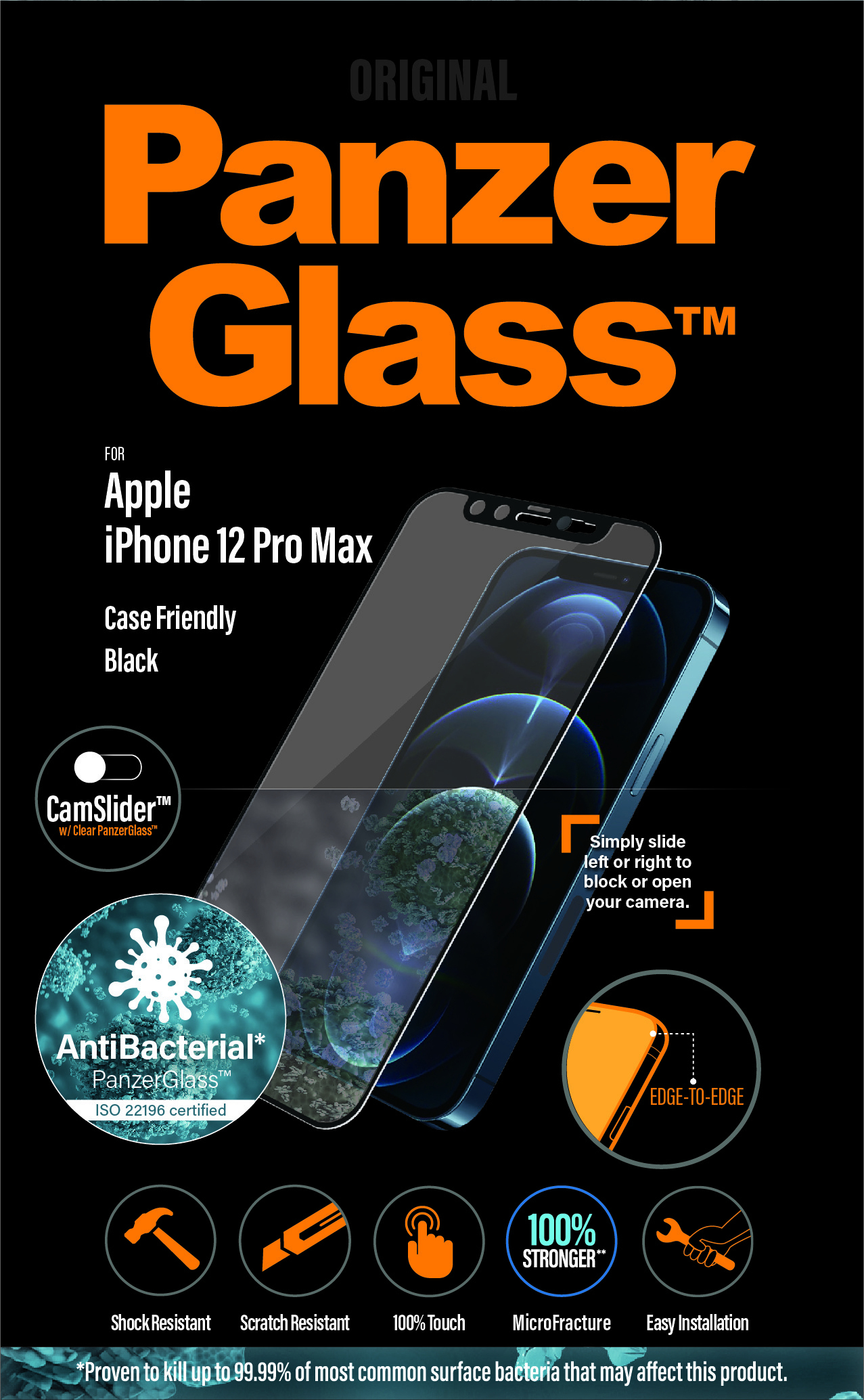 Un proteggi schermo per iPhone 12 Pro Max. Caratteristiche: antibatterico, resistente agli urti e ai graffi.
