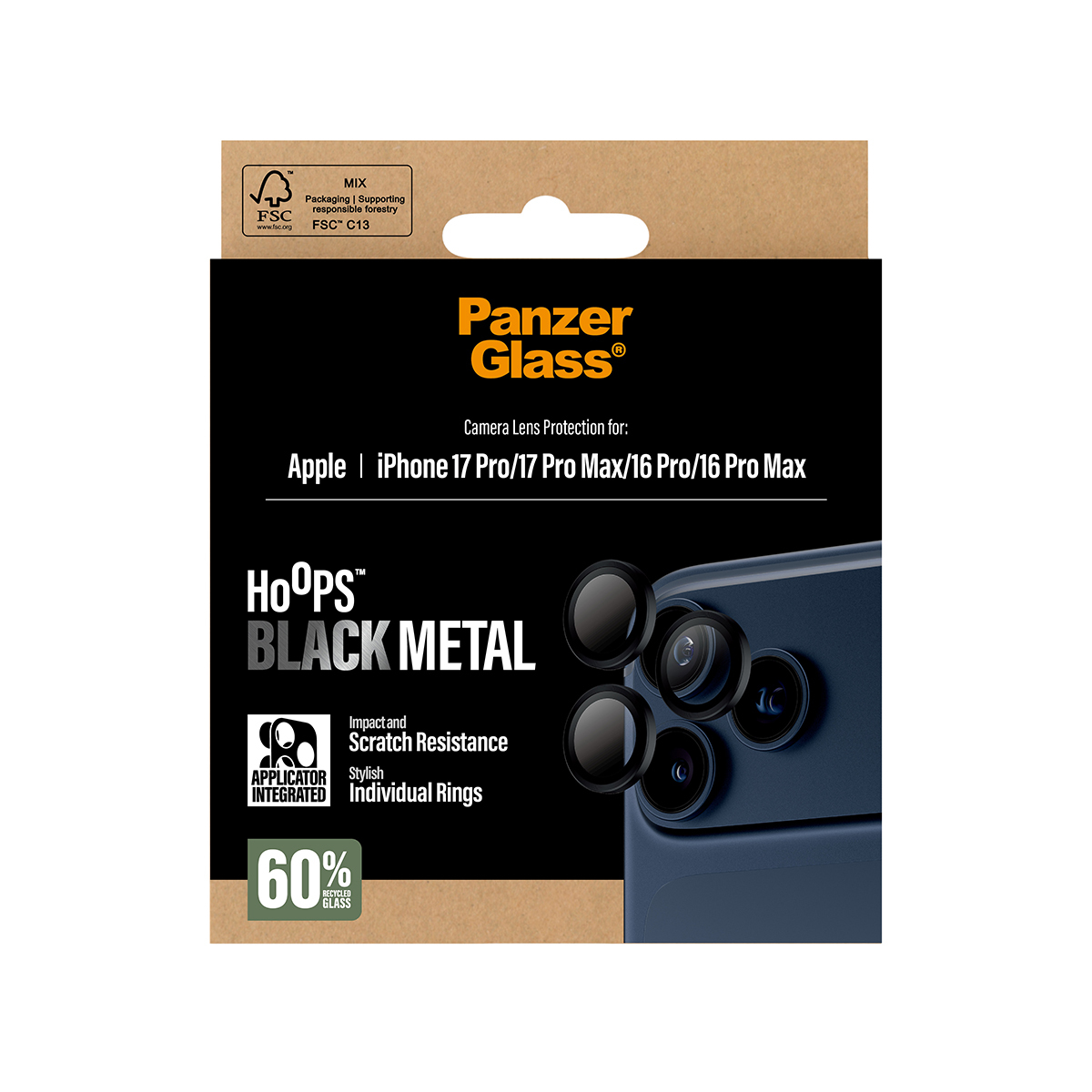 Panzer Glass ürün ambalajı. iPhone 17 Pro/17 Pro Max için siyah metal lens koruyucuları, logo ve detaylar içerir.
