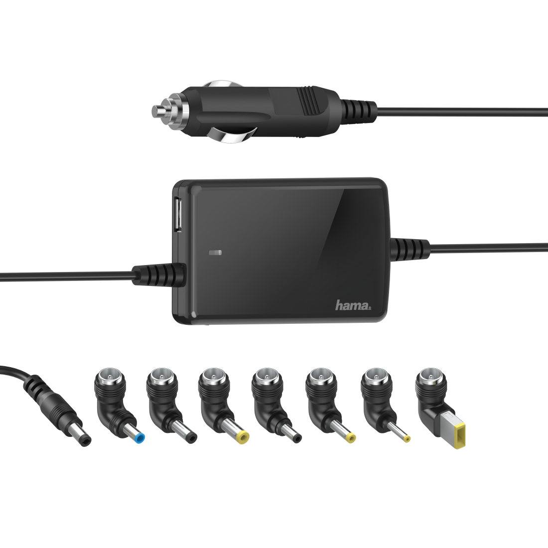 Czarna ładowarka samochodowa z różnymi adapterami. Ładowarka posiada port USB. Pokazano różne adaptery z kolorowymi końcówkami.