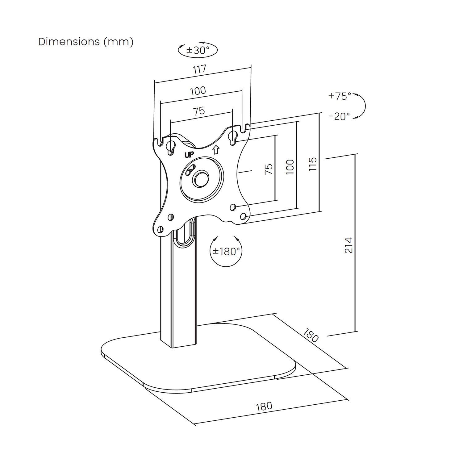Diagramma di un supporto per monitor che mostra le dimensioni in mm. Ha una base, un supporto verticale e una staffa con misure come 180, 117, 100 e 75.