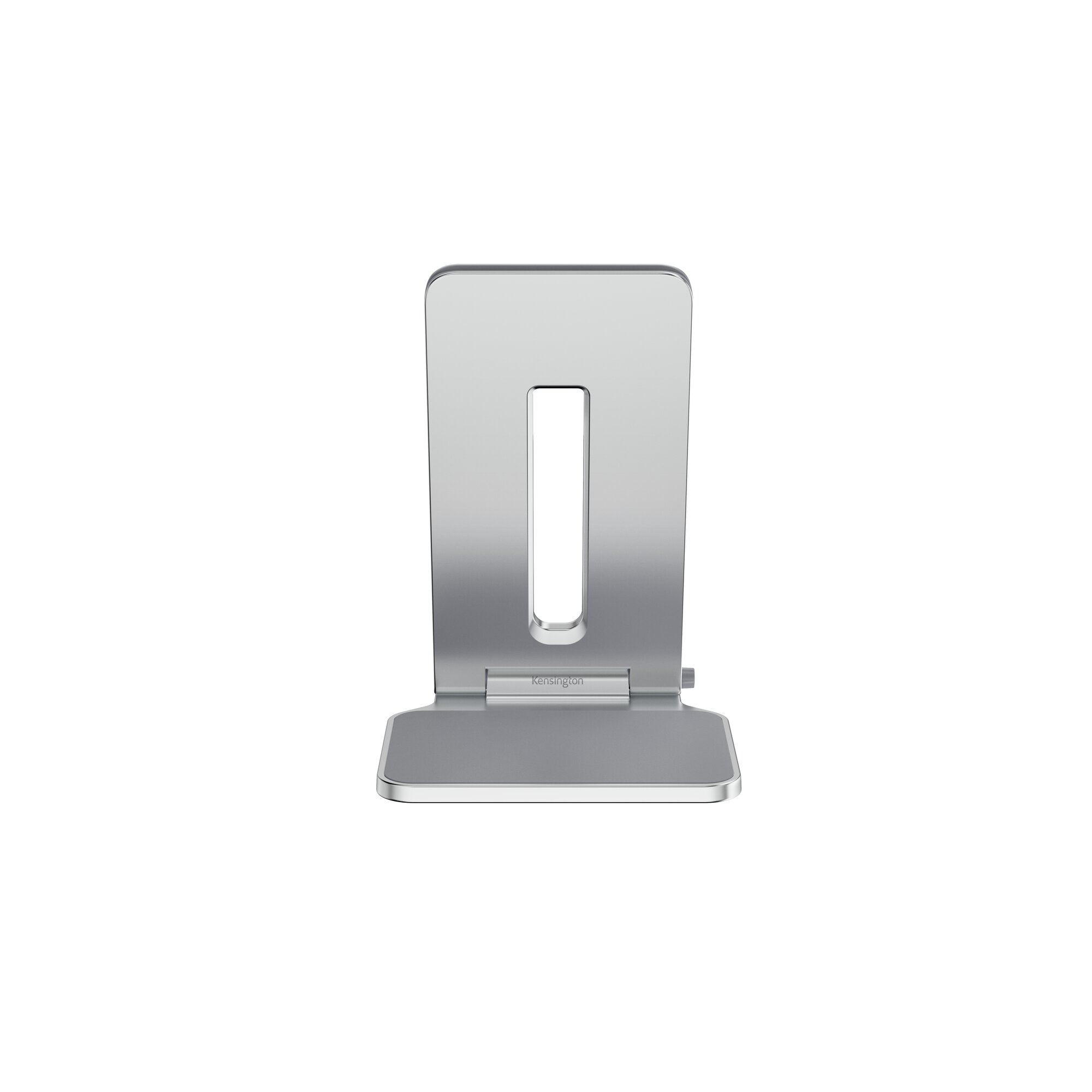 Un support de téléphone Kensington argenté sur fond blanc. Il possède une base rectangulaire et un dos haut à centre ouvert.