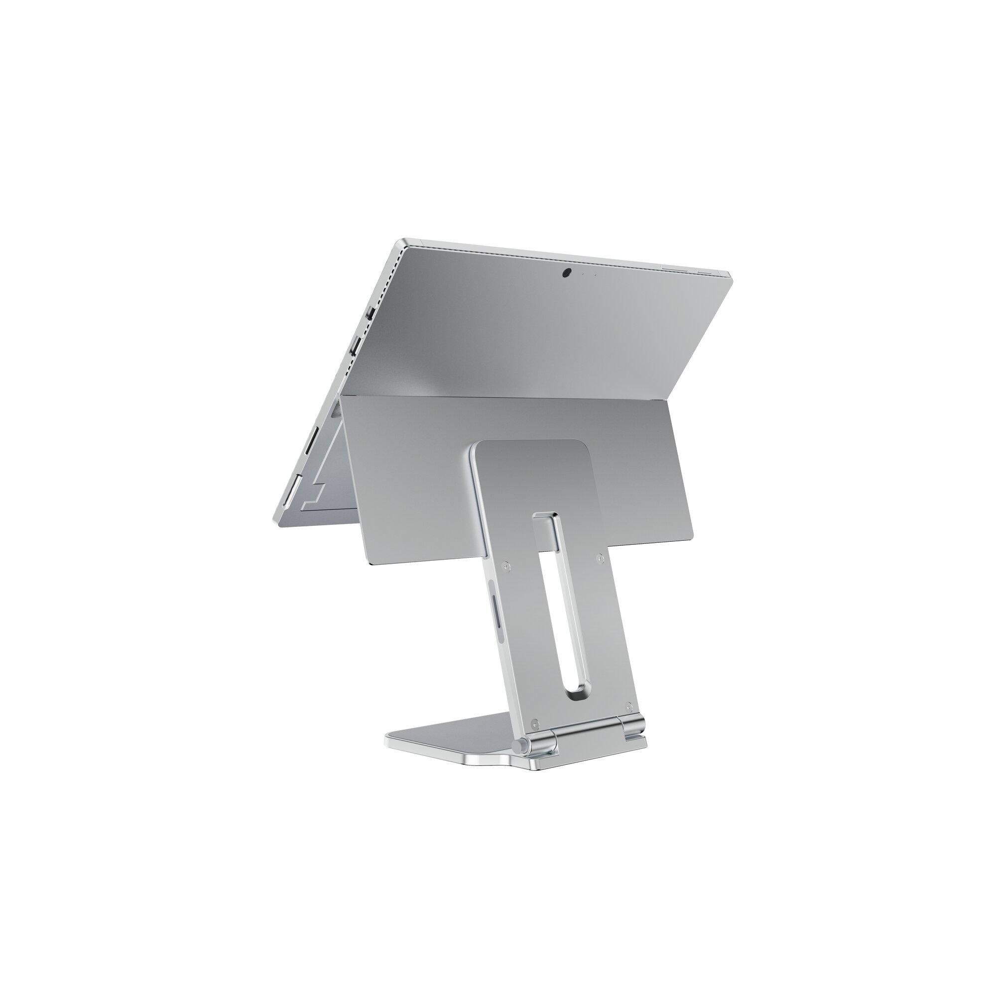 Une tablette argentée sur un support argenté, inclinée vers le haut. Le fond est blanc.
