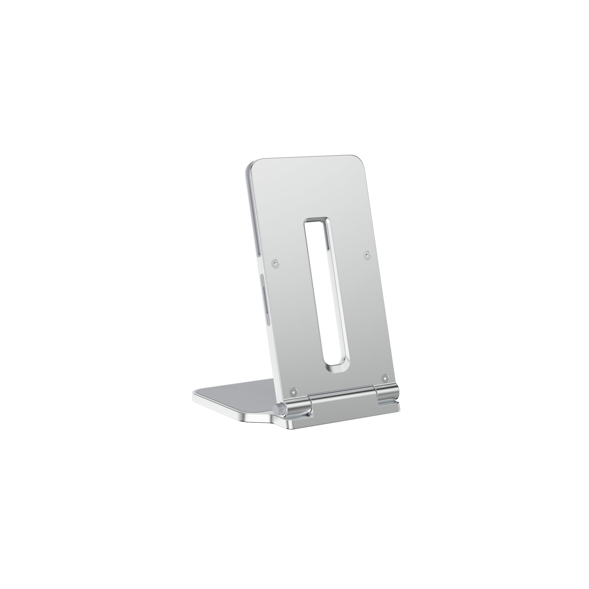 Support de tablette argenté. Il a une base rectangulaire et un support vertical avec une découpe rectangulaire.