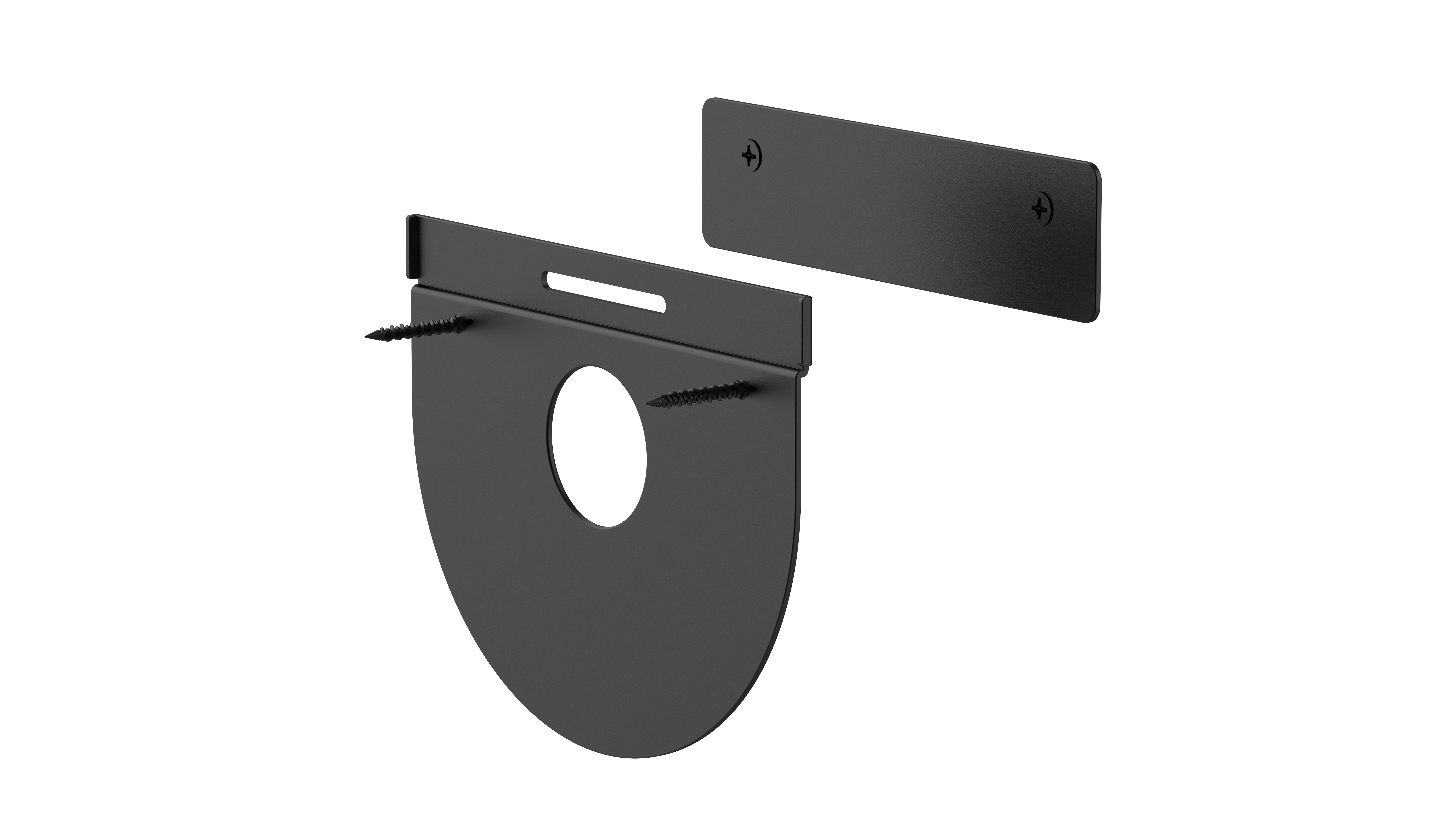 Un soporte metálico negro con un agujero circular, tornillos y una pieza rectangular. El fondo es blanco.