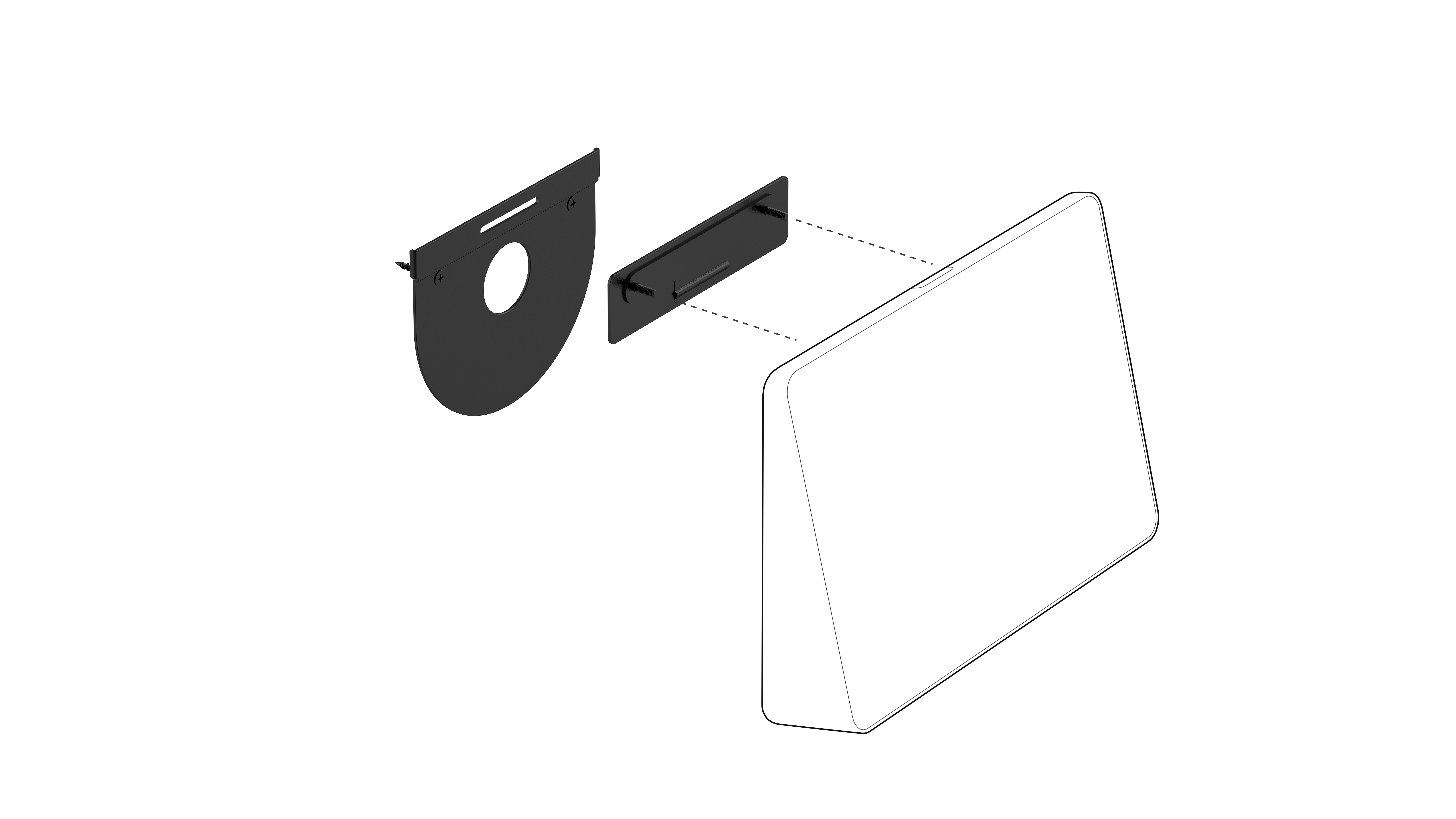 Diagrama del hardware de montaje. Incluye un soporte curvo, un soporte rectangular y un panel rectangular, todo en blanco y negro.