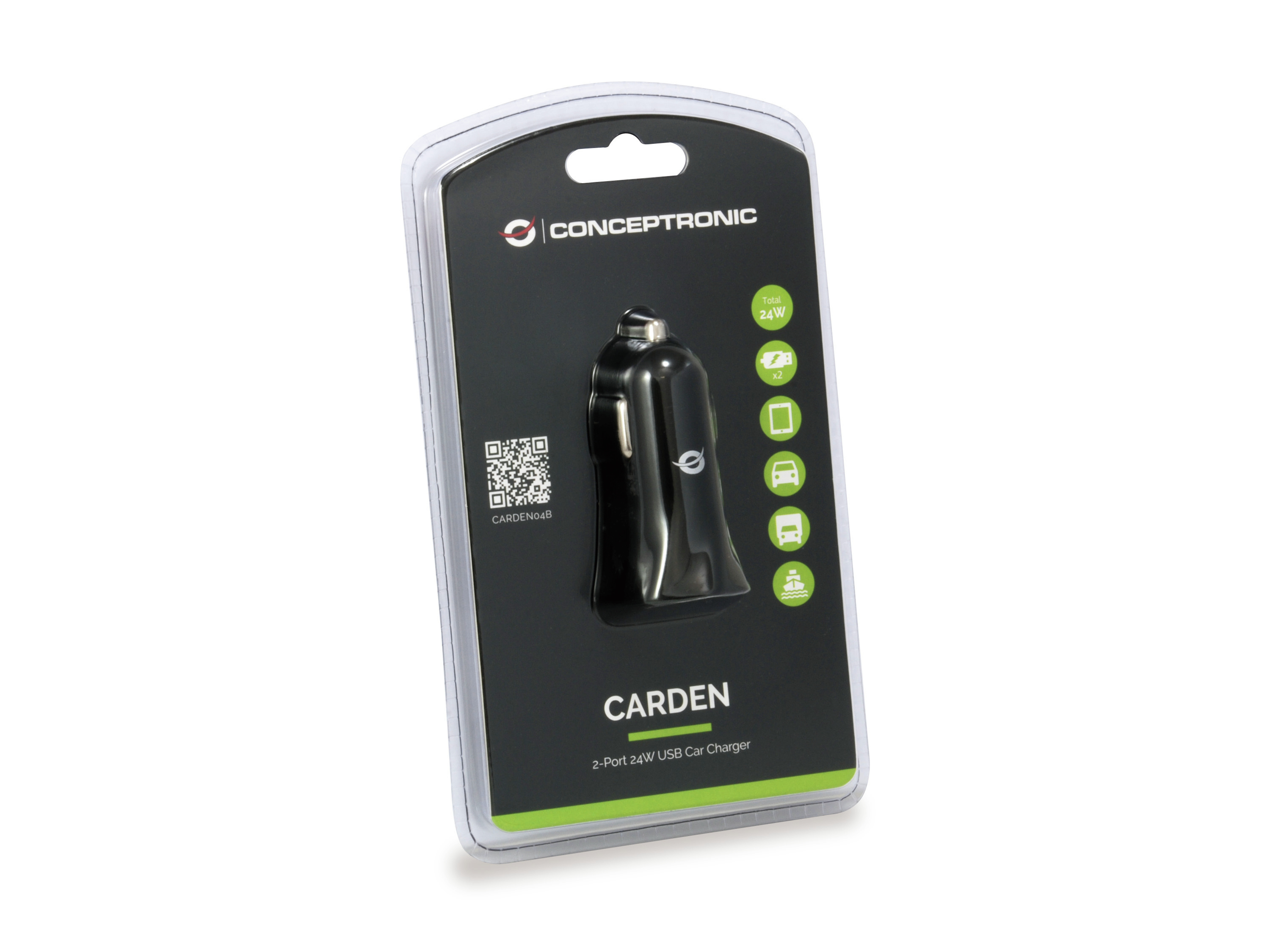 Un cargador para coche USB de 2 puertos Conceptronic Carden en un paquete de plástico, cargador negro, detalles verdes, fondo blanco.