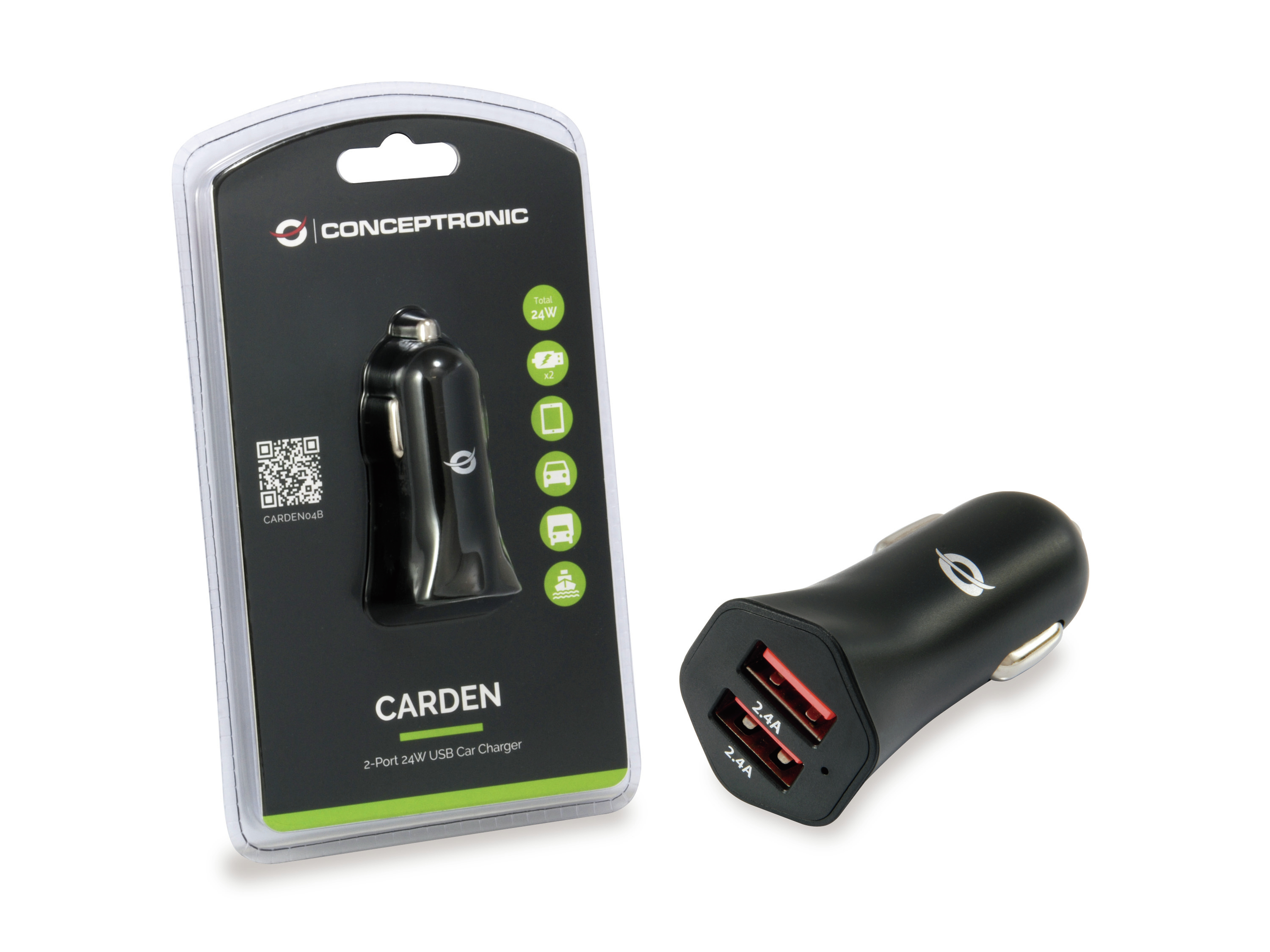 Cargador de coche negro, marca Conceptronic, en embalaje. Se ven dos puertos USB.