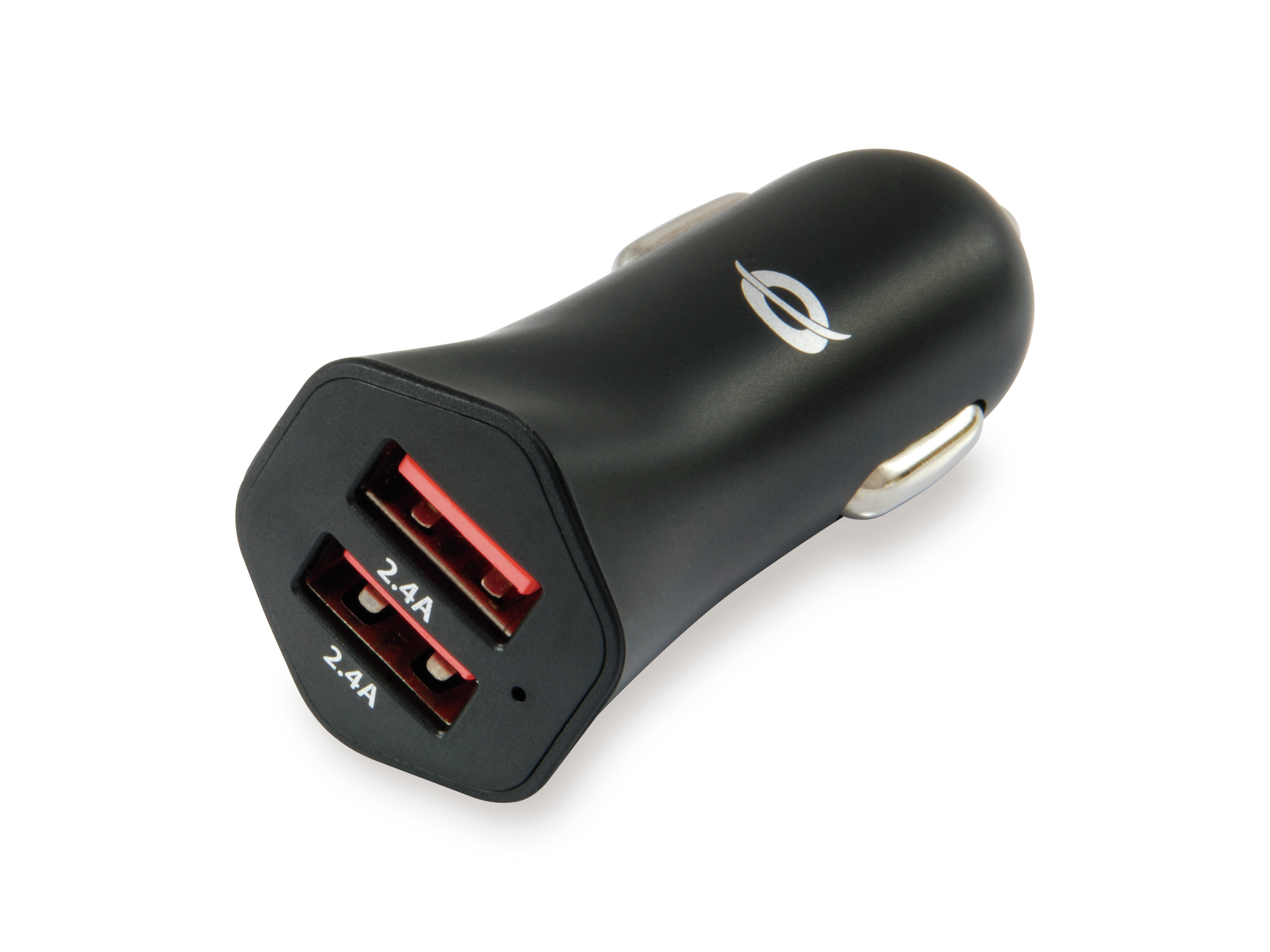 Cargador de coche negro con dos puertos USB, etiquetado 2.4A. Tiene un logotipo plateado.