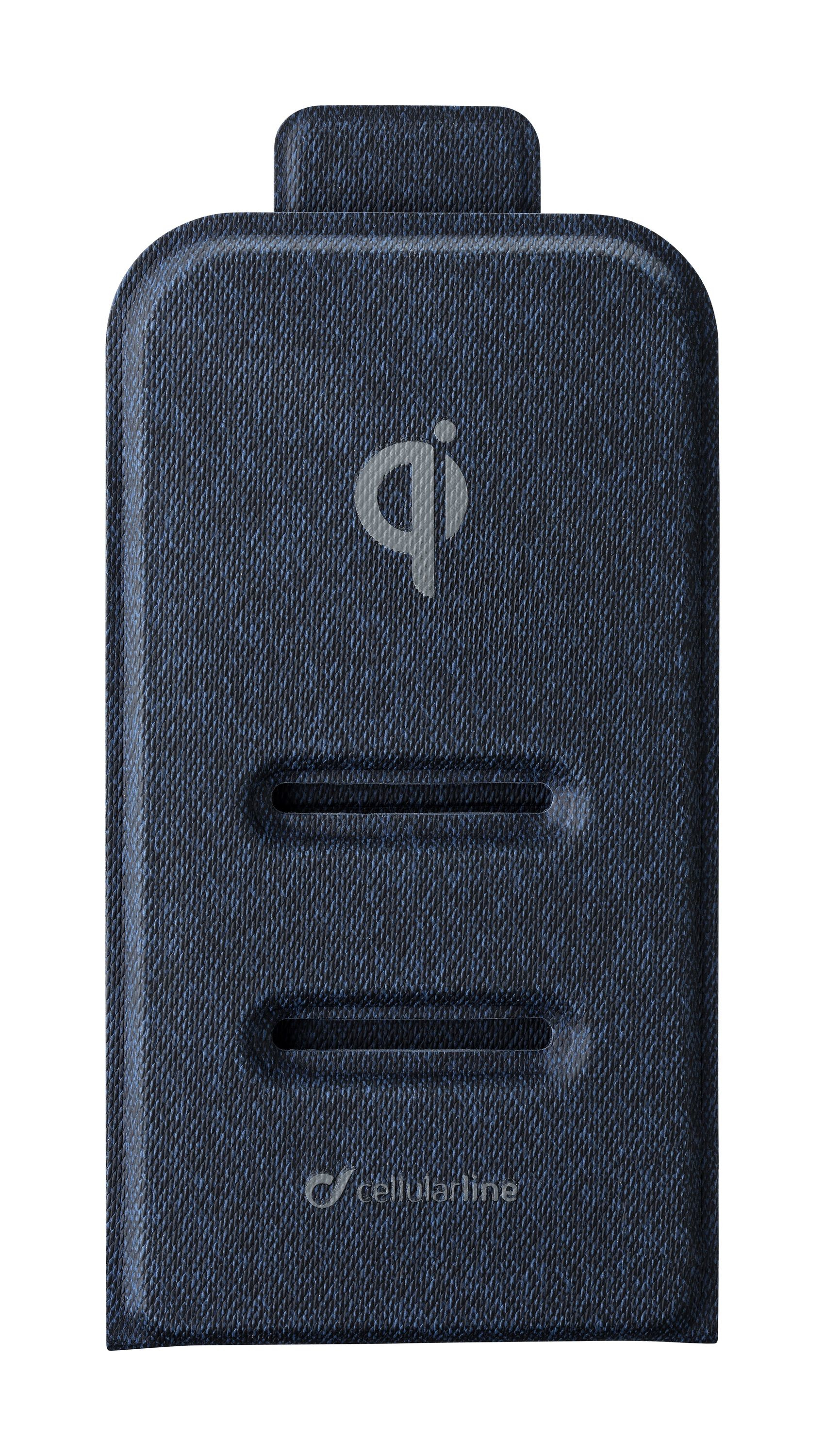 Blaues kabelloses Ladegerät mit Qi-Logo. Es hat zwei Schlitze und das Cellularline-Logo.