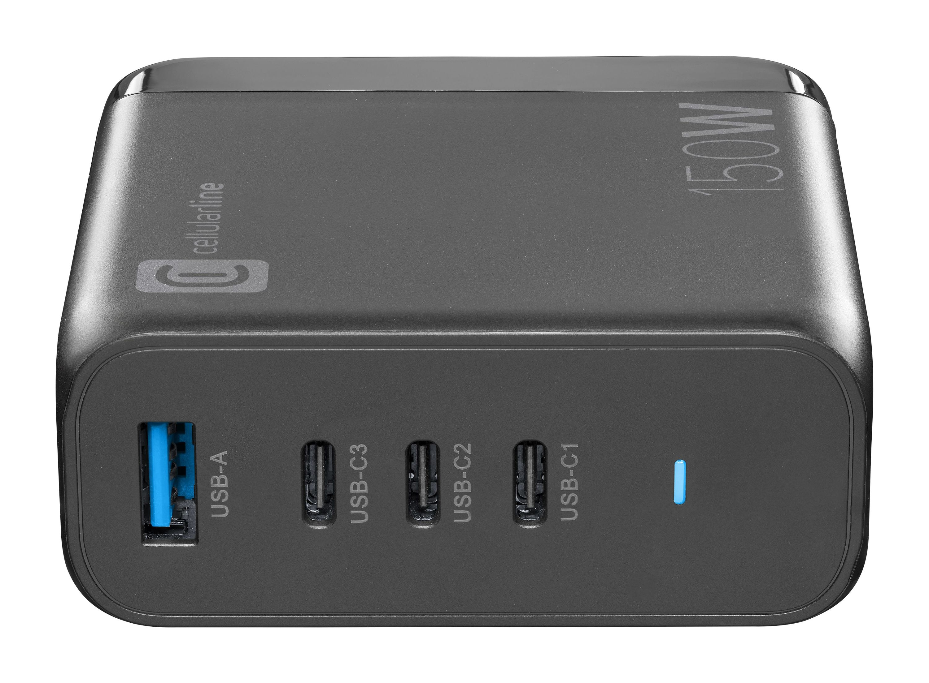 Schwarzes cellularline 150W-Ladegerät mit USB-A- und USB-C-Anschlüssen. Es hat eine blaue Kontrollleuchte.