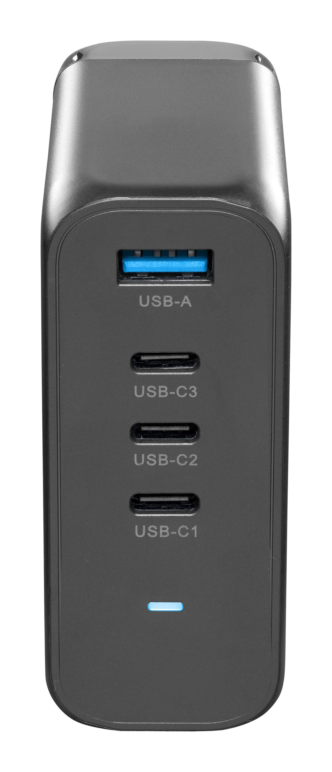 Ein schwarzes USB-Ladegerät mit vier Anschlüssen, beschriftet mit USB-A, C3, C2 und C1. Unten ist ein blaues Licht.