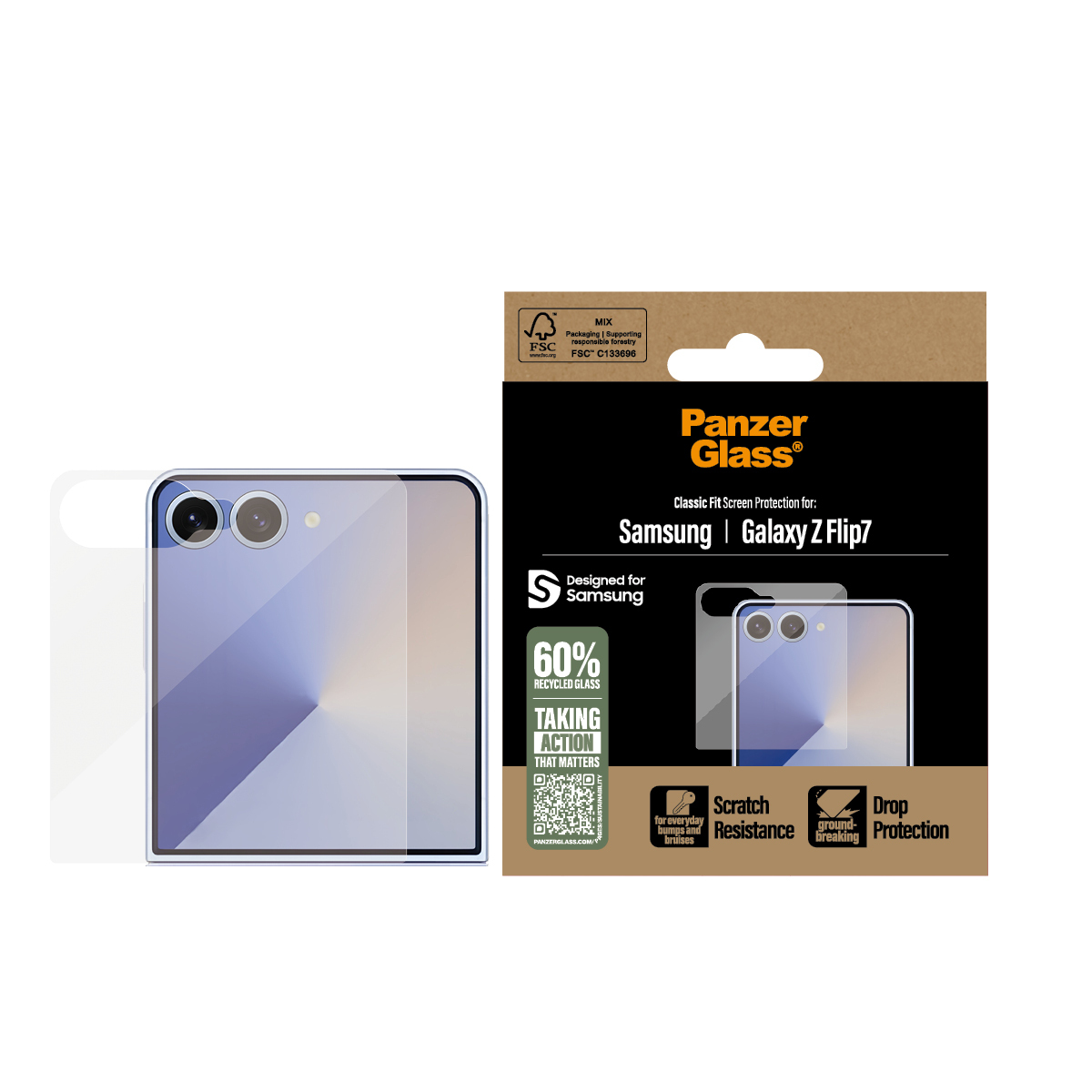 Een schermbeschermer voor Samsung Galaxy Z Flip7 op een bruine achtergrond. Toont kenmerken en het merk PanzerGlass.
