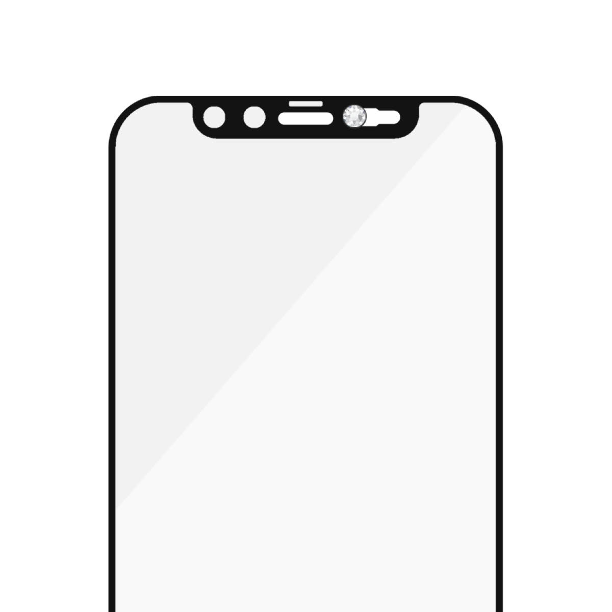 Viene mostrato lo schermo di uno smartphone. Ha un bordo nero e uno schermo bianco. In alto ci sono sensori e una fotocamera.