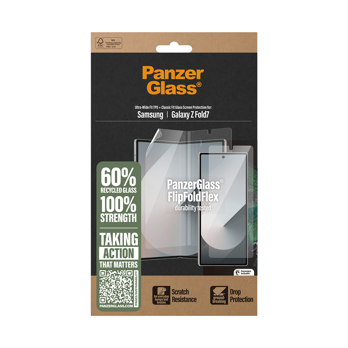 Confezione del proteggi schermo PanzerGlass per Samsung Galaxy Z Fold7. Caratteristiche: 60% vetro riciclato, resistenza ai graffi e protezione dalle cadute.