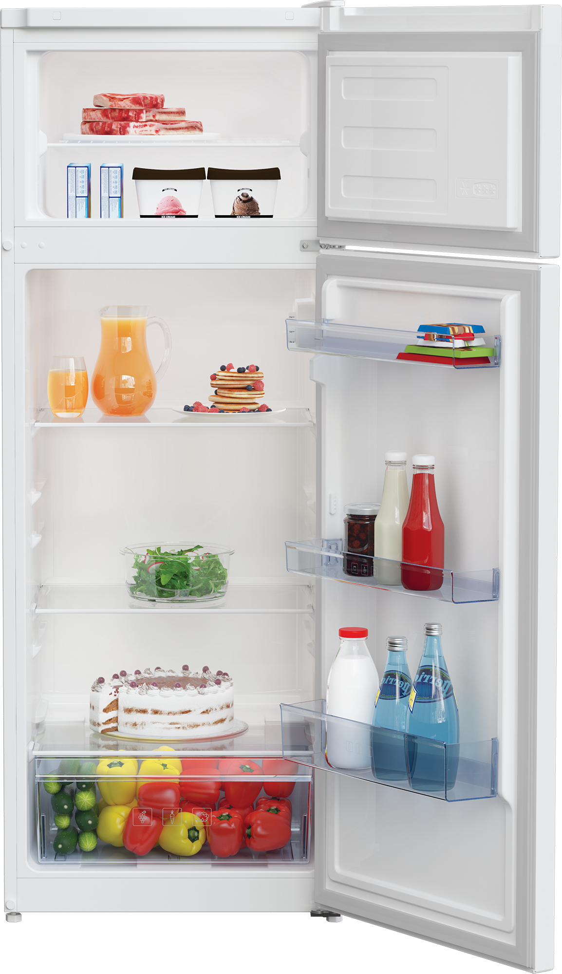 Frigorifero aperto pieno di cibo: carne, gelato, succo, pancake, insalata, torta, verdure, latte, bottiglie d'acqua e marmellata.