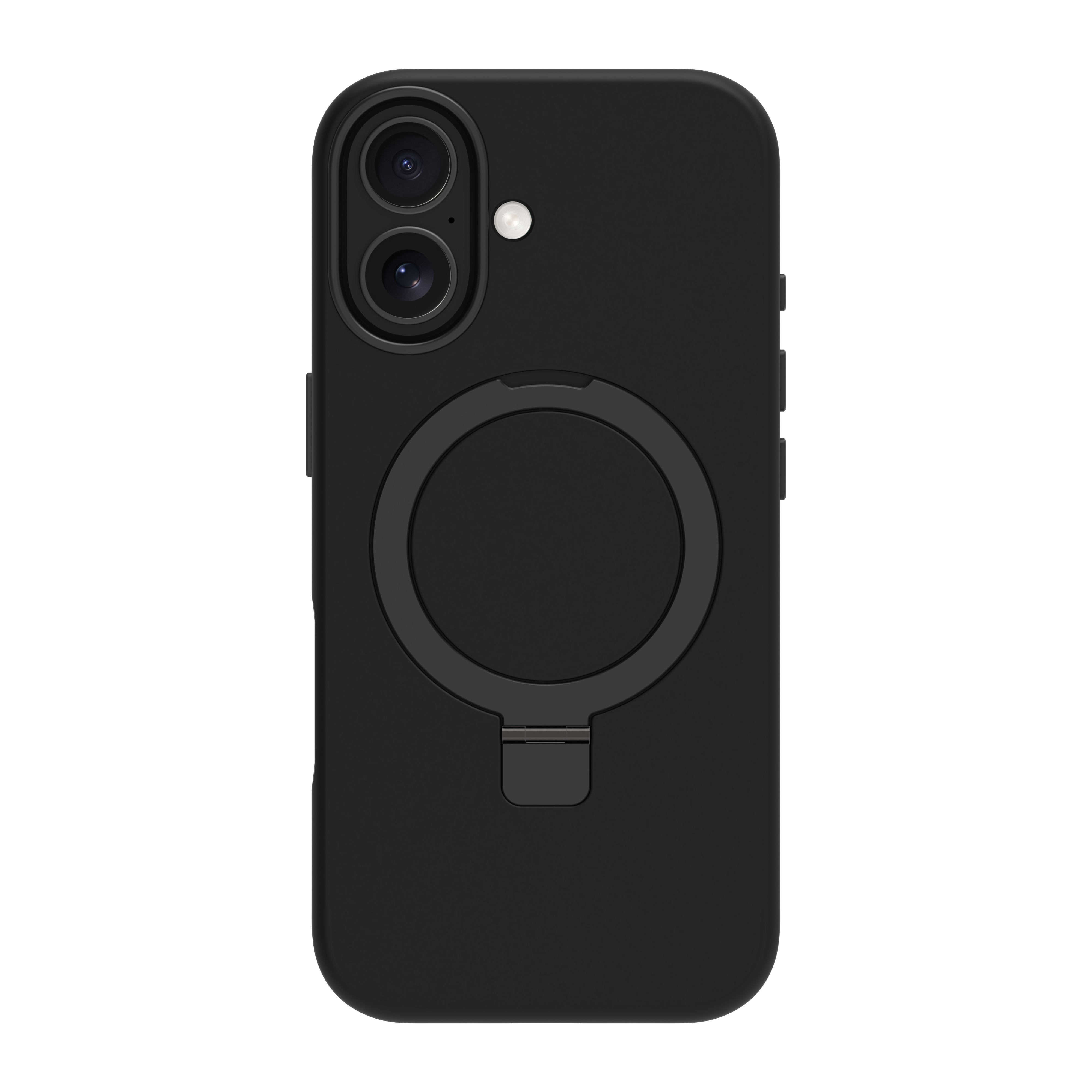 Une coque de téléphone noire avec une découpe pour l'appareil photo, un support d'anneau et un support. Sur fond blanc.
