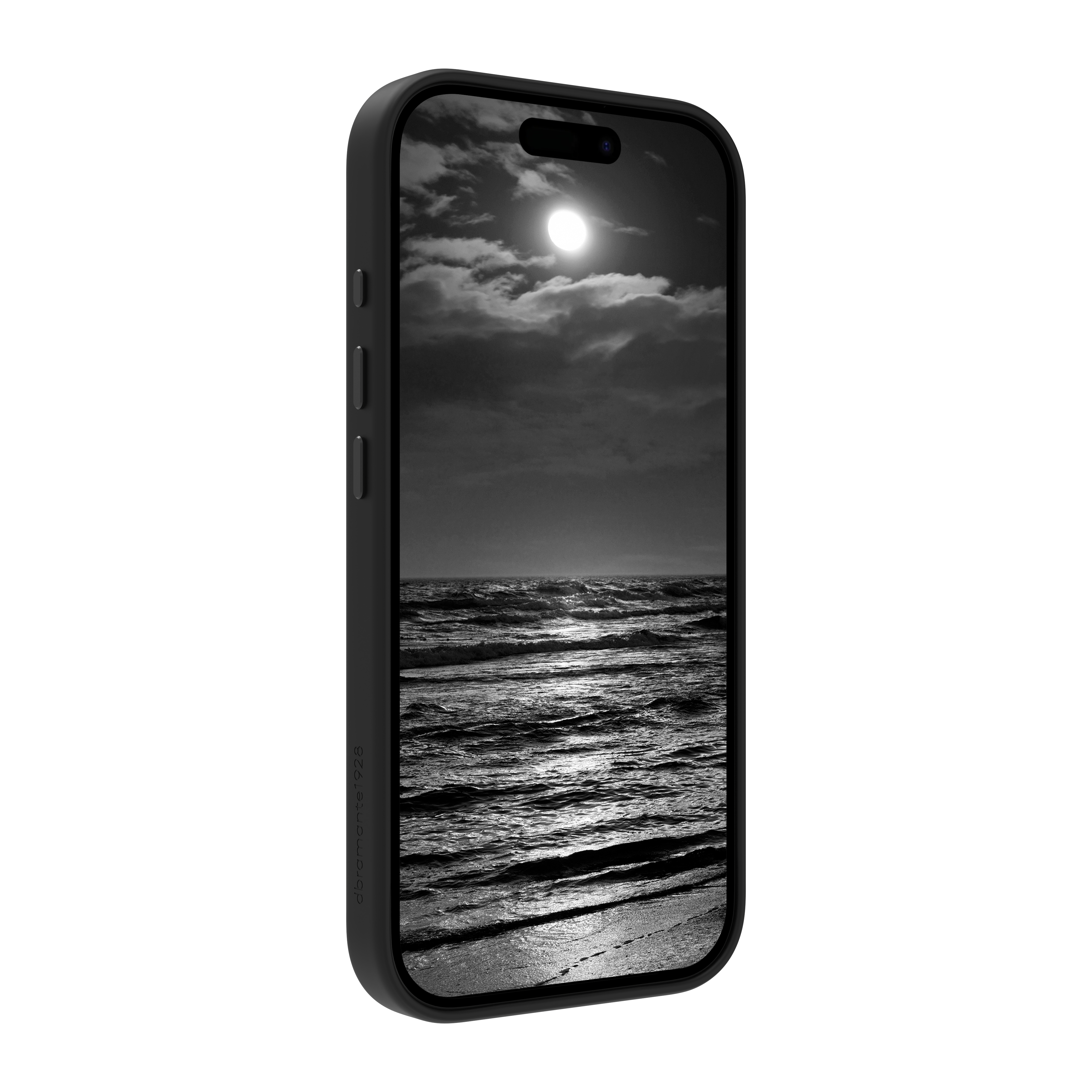 Un téléphone noir affiche une image en niveaux de gris d'un océan éclairé par la lune. Les vagues déferlent sous un ciel nuageux.