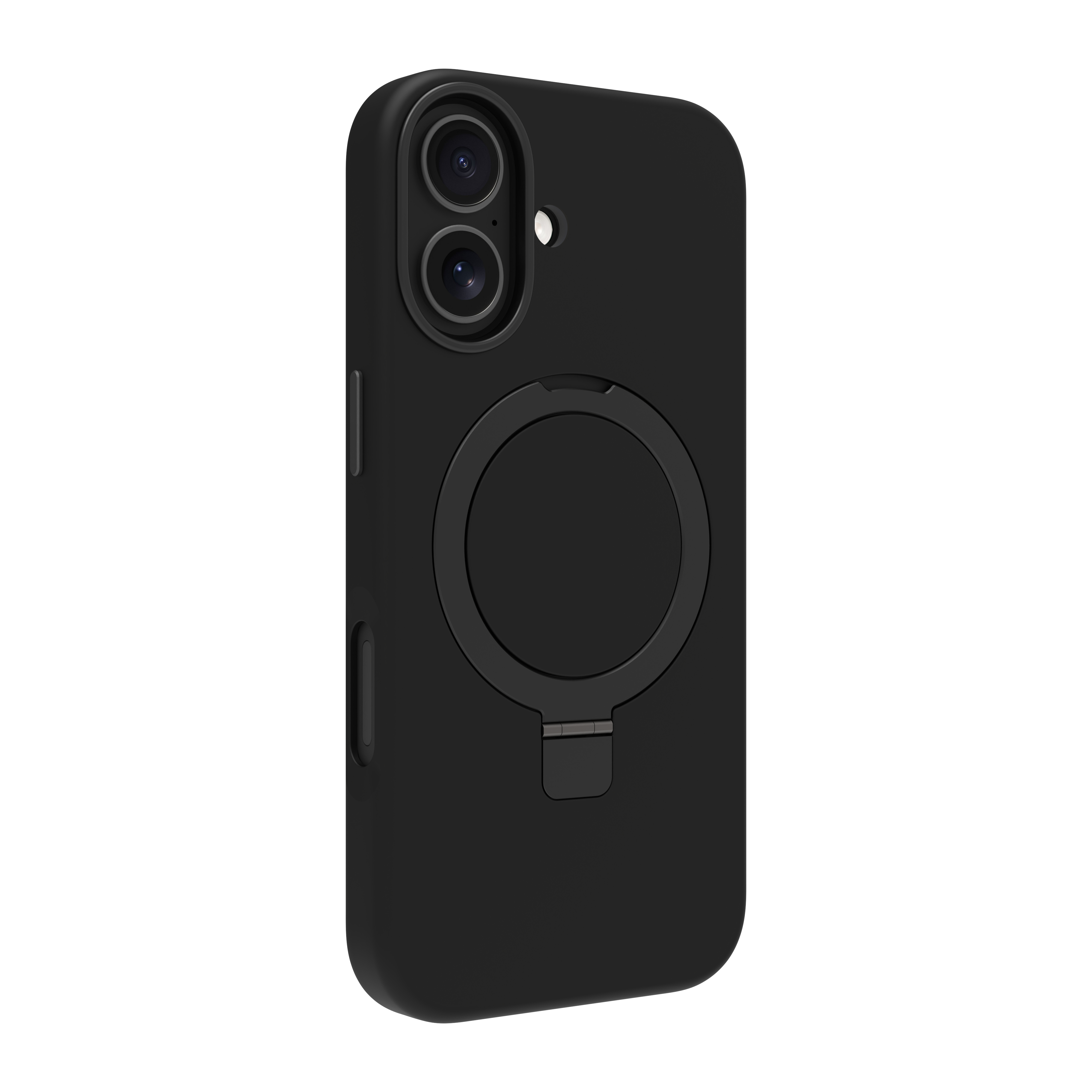 Coque de téléphone noire avec objectifs, anneau et support. Sur fond blanc, inclinée à droite.
