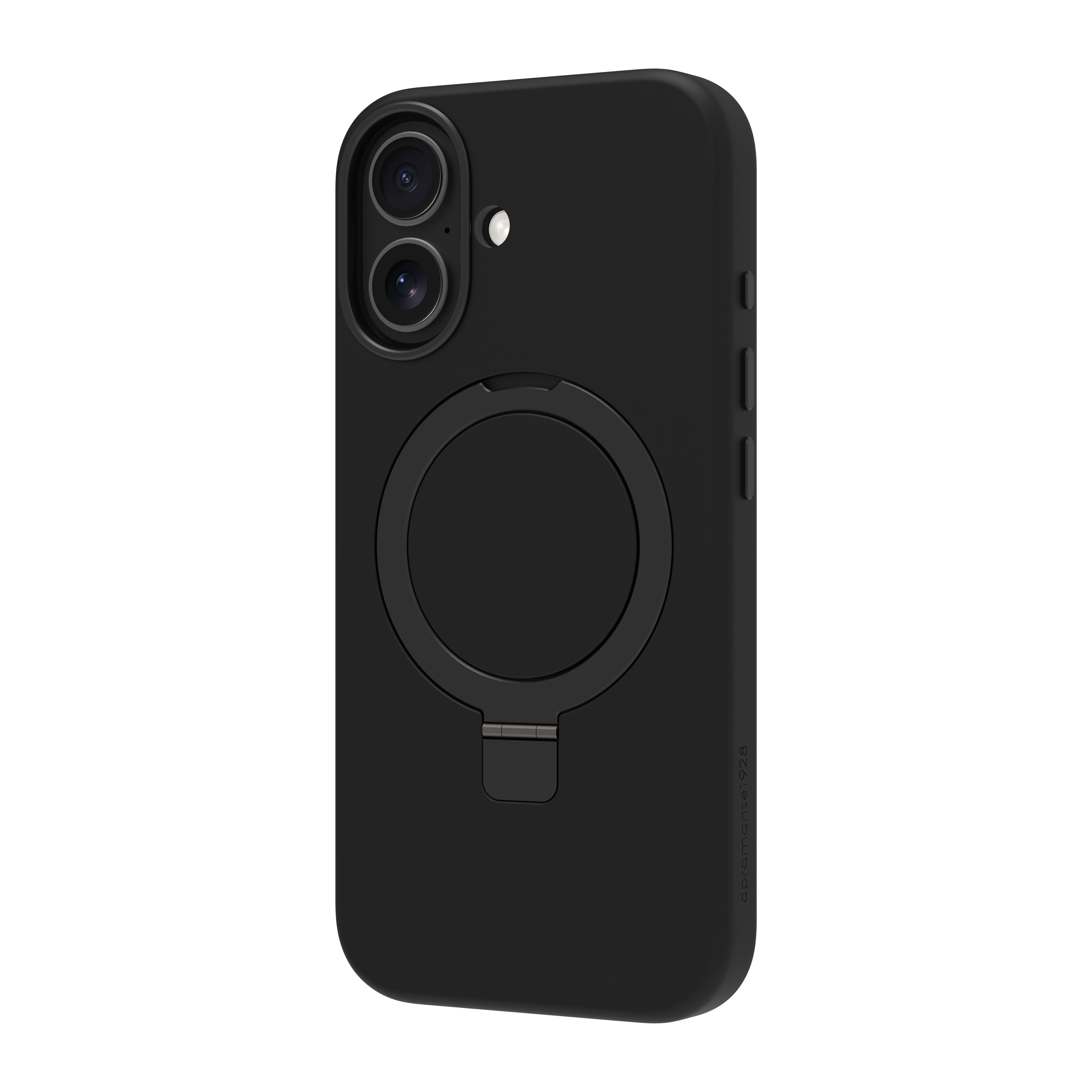 Coque de téléphone noire avec anneau. Elle a deux lentilles de caméra et un fond blanc.