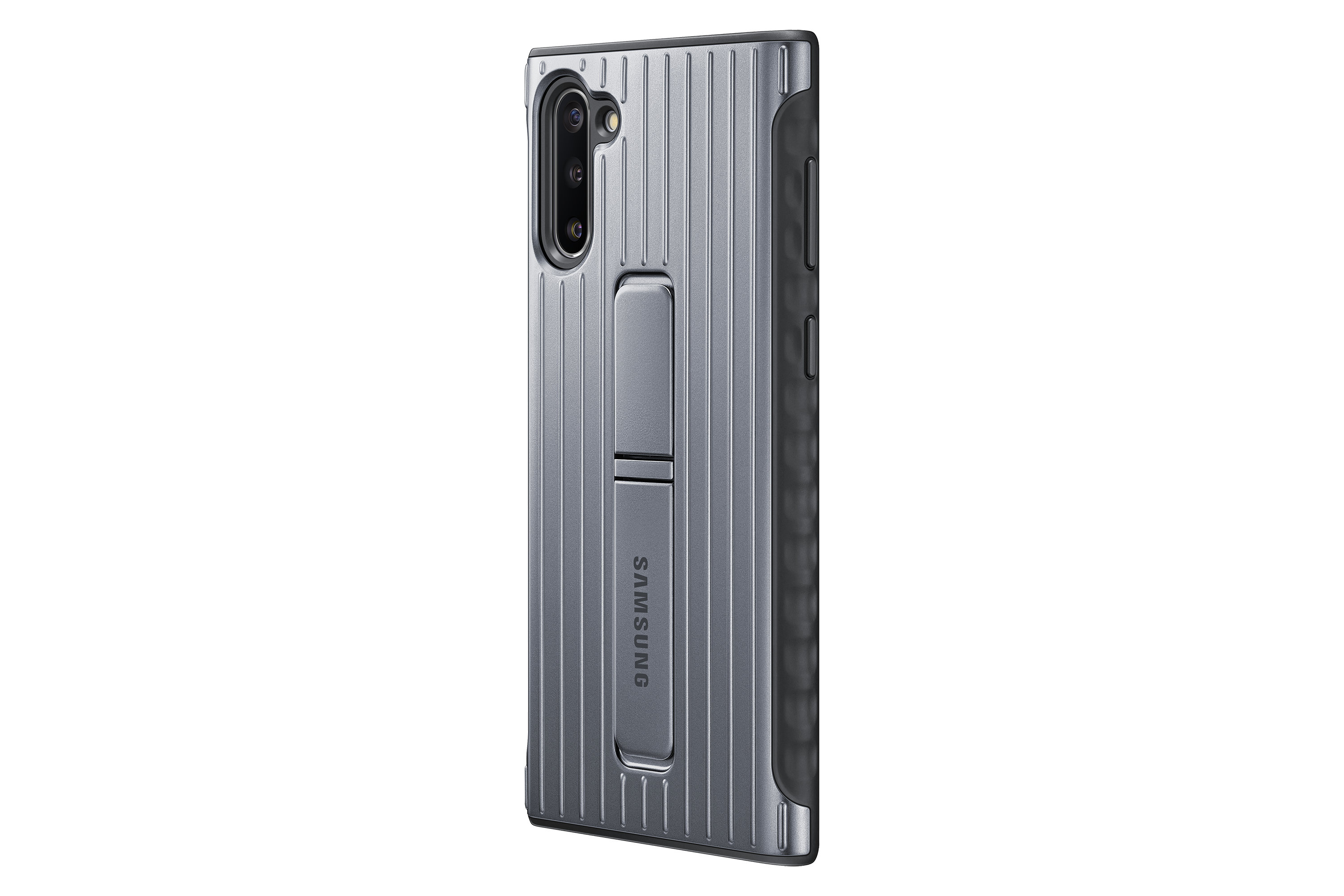 Graue Handyhülle mit Ständer. Sie hat einen Kameraausschnitt und das Samsung-Logo. Die Hülle hat vertikale Linien.