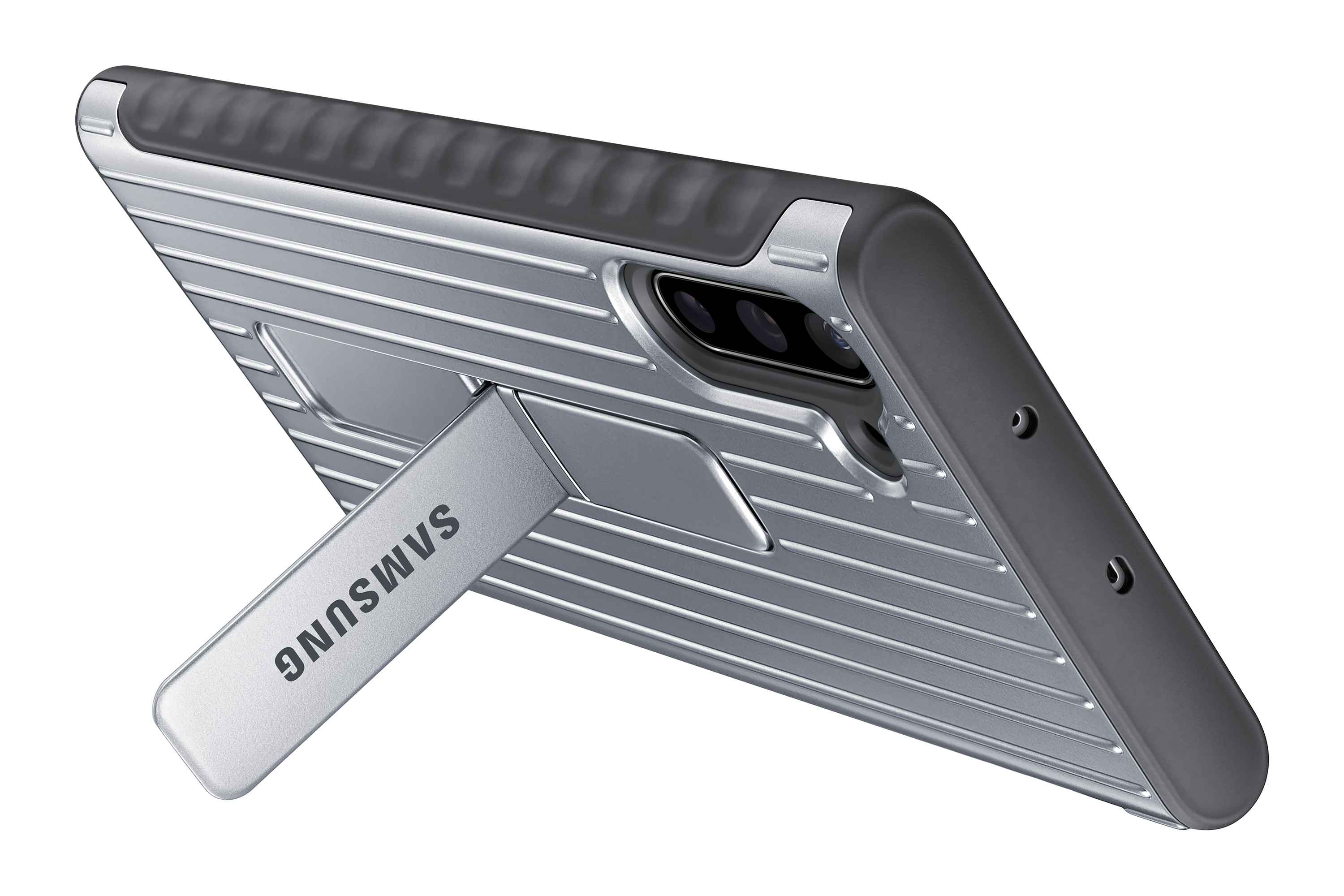 Silberne Samsung-Handyhülle mit Ständer. Die Hülle hat ein geripptes Design. Der Ständer ist silberfarben und hat das Samsung-Logo.