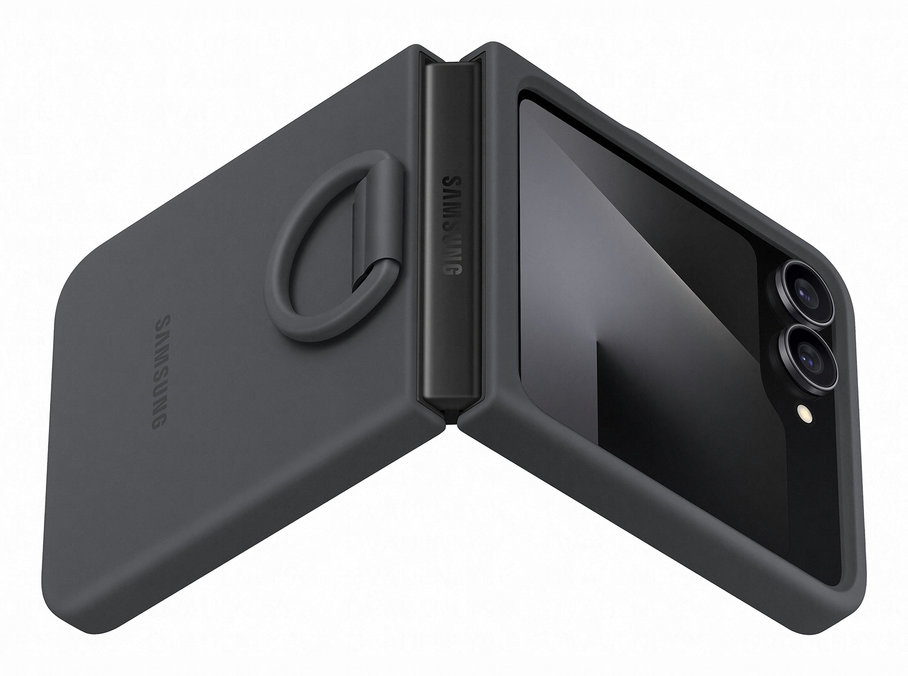 Ciemnoszary futerał na składany telefon Samsung, otwarty. Ma uchwyt na pierścień i logo Samsung. Ekran telefonu jest widoczny.