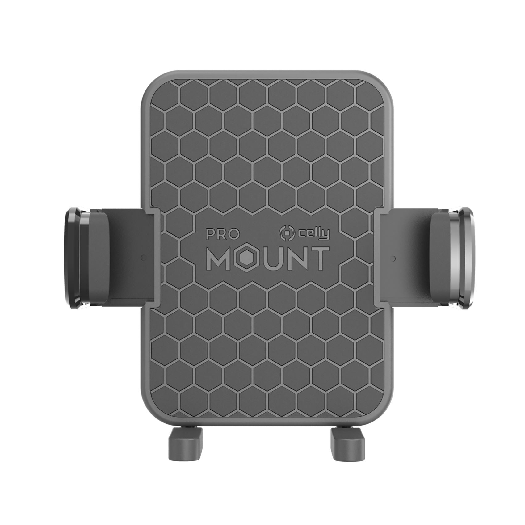 Un soporte para teléfono gris con un patrón de panal y la palabra 'MOUNT'. Tiene brazos para sujetar un teléfono.