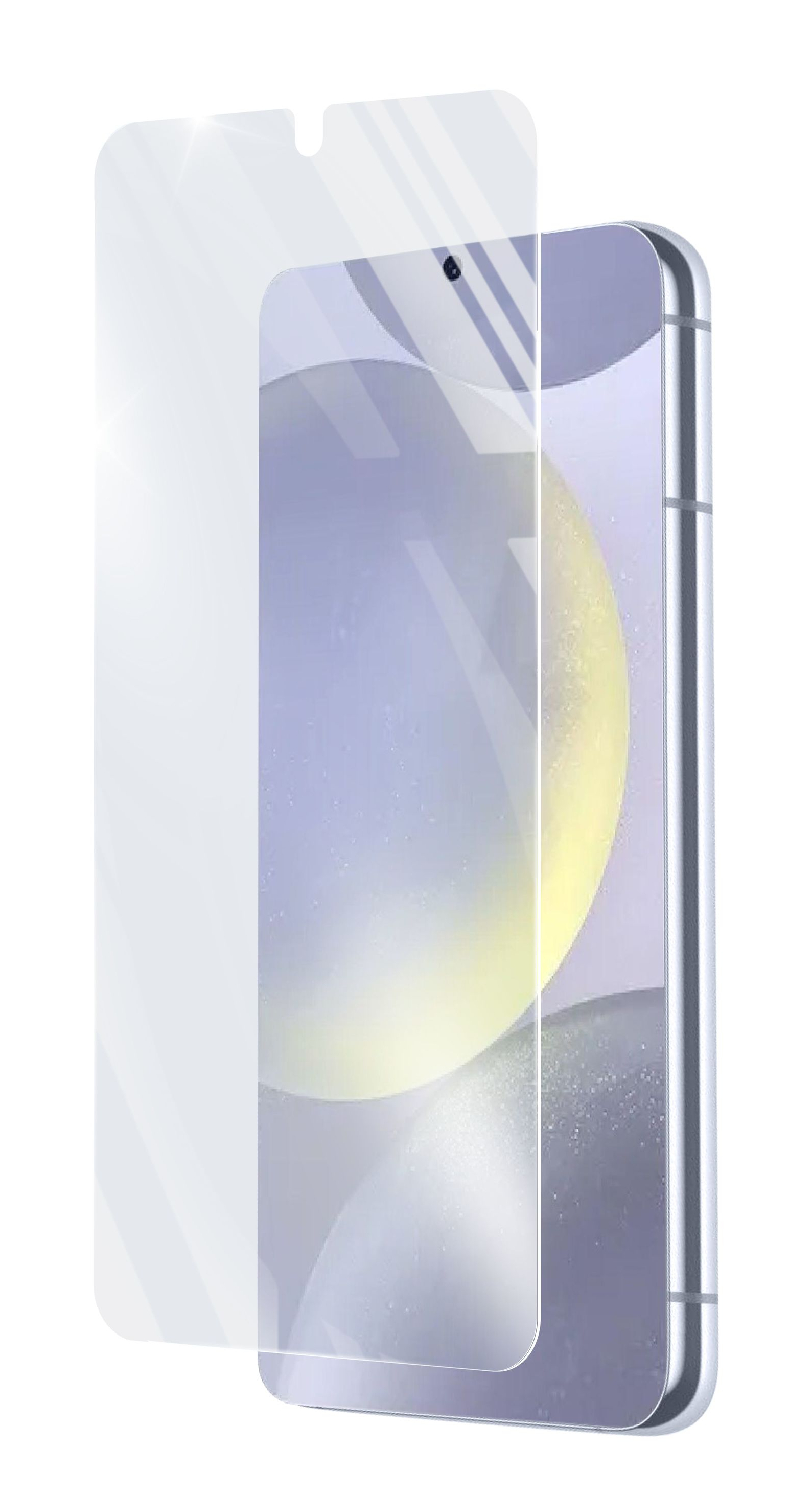 Un telefono con protezione schermo. Lo schermo mostra uno sfondo chiaro con una fotocamera in alto. La protezione è trasparente.