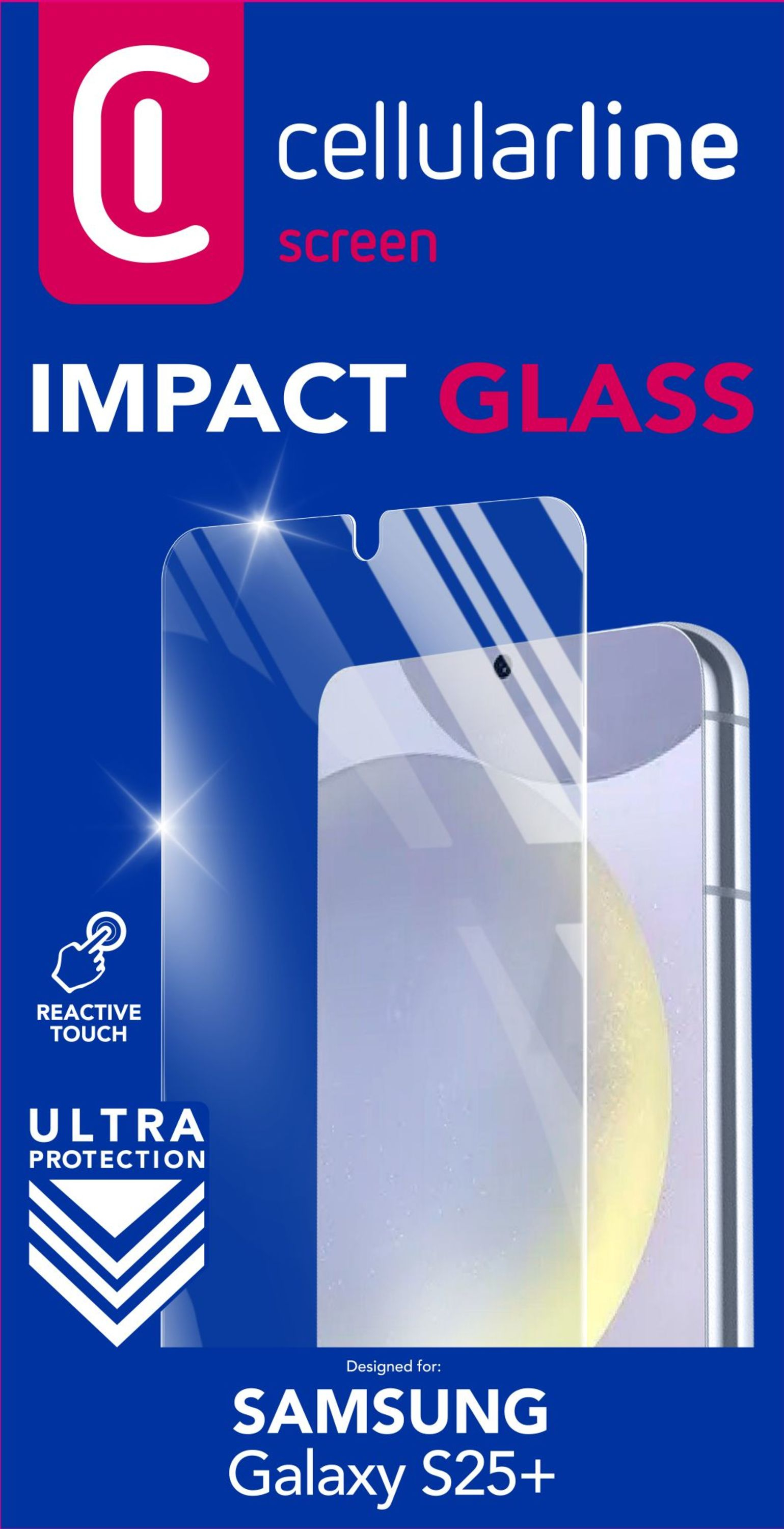Una protezione schermo per Samsung Galaxy S25+. Presenta 'Impact Glass' e 'Ultra Protection' con il logo del marchio.