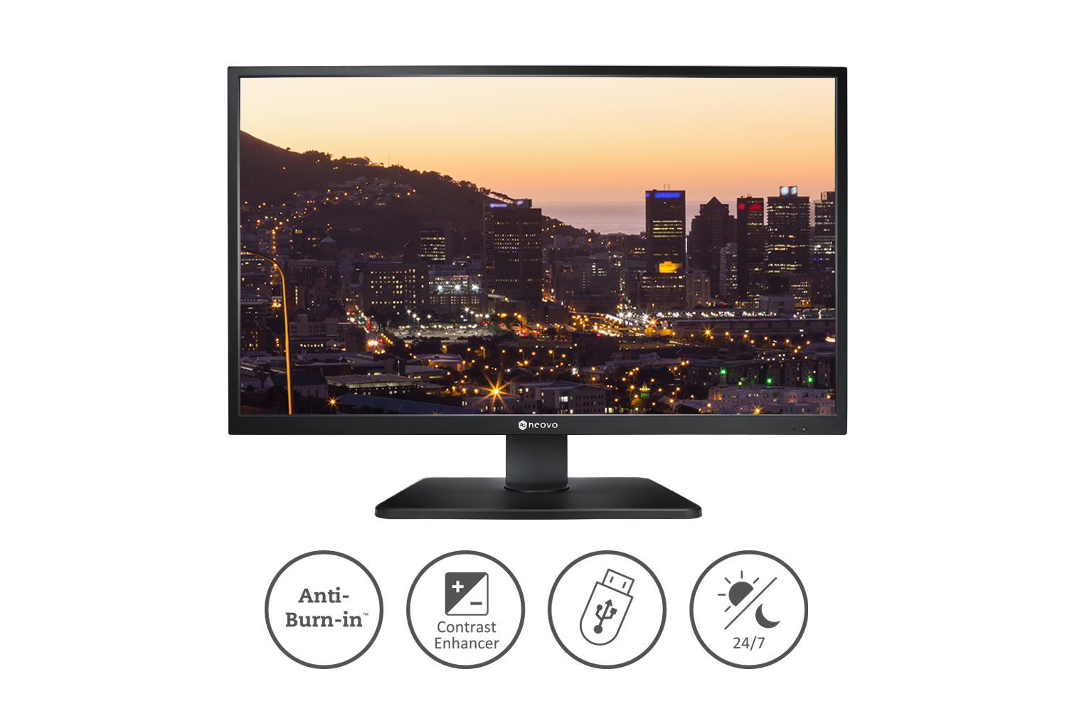 Monitor komputera wyświetla krajobraz miejski o zmierzchu. Ikony poniżej pokazują funkcje takie jak anti-burn, wzmacniacz kontrastu, USB i 24/7.