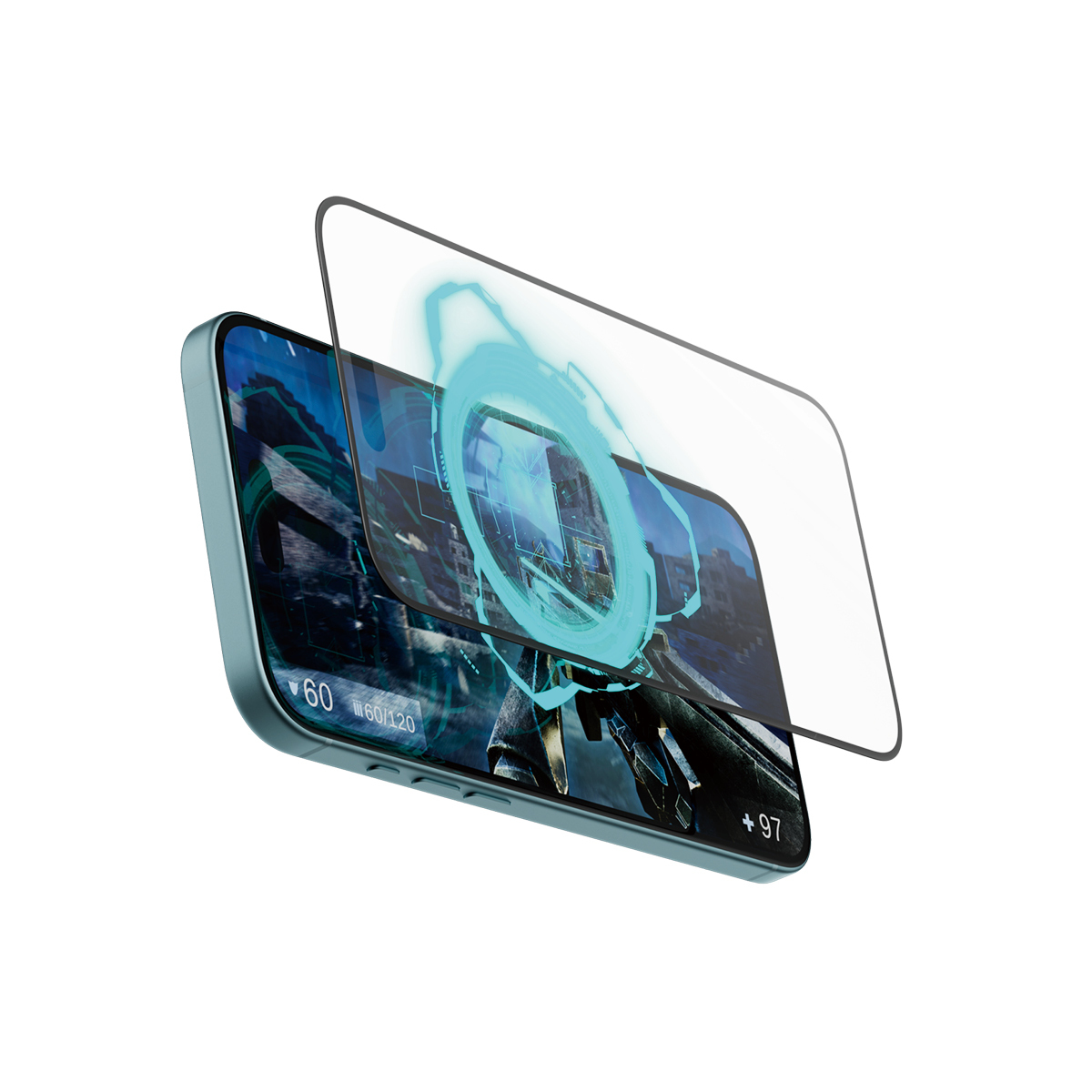 Smartfon z ochraniaczem ekranu wyświetlający grę wideo. Ekran pokazuje futurystyczną scenerię miasta i statystyki gry.