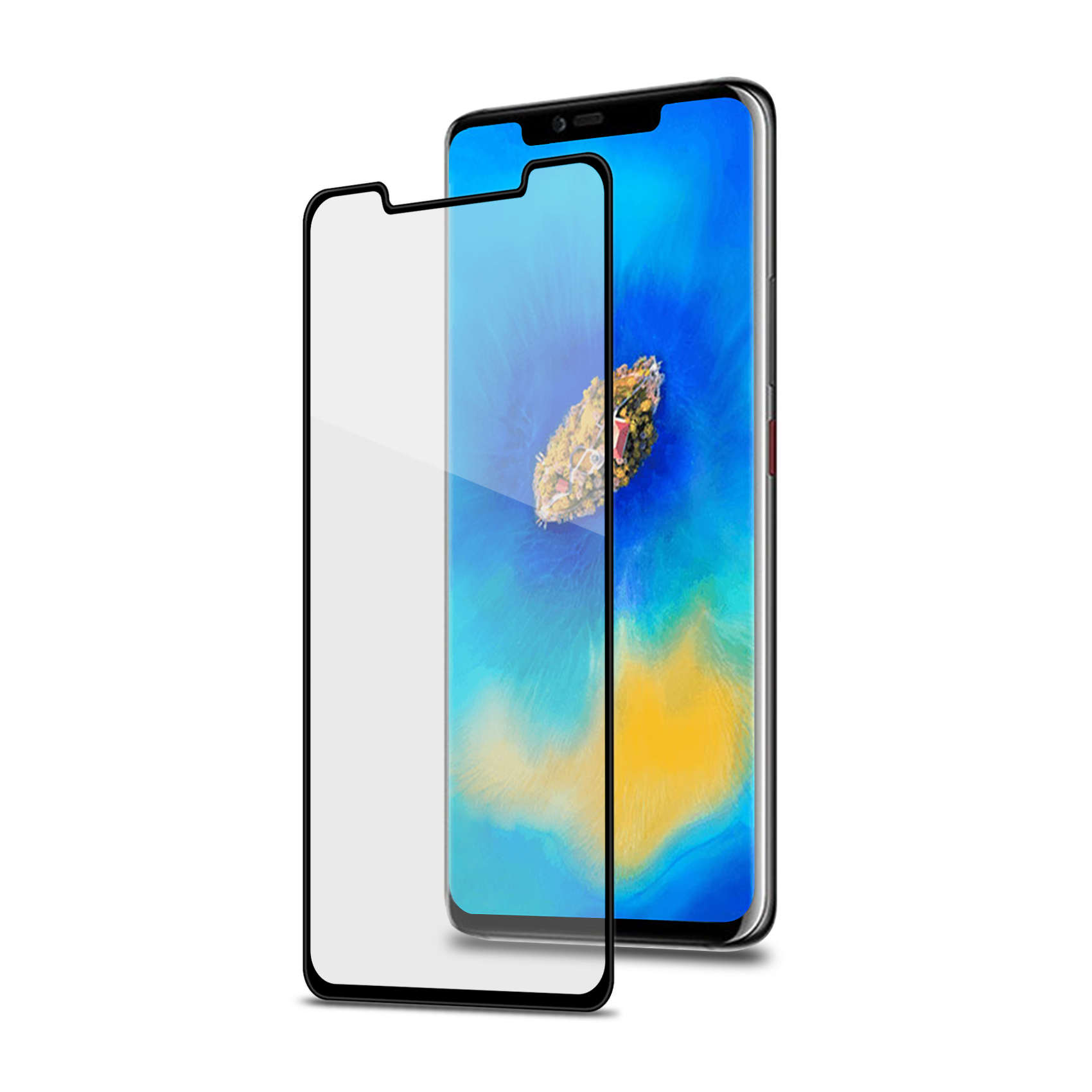 Uno smartphone con protezione schermo. Lo schermo mostra un paesaggio blu con una piccola isola. Sfondo bianco.