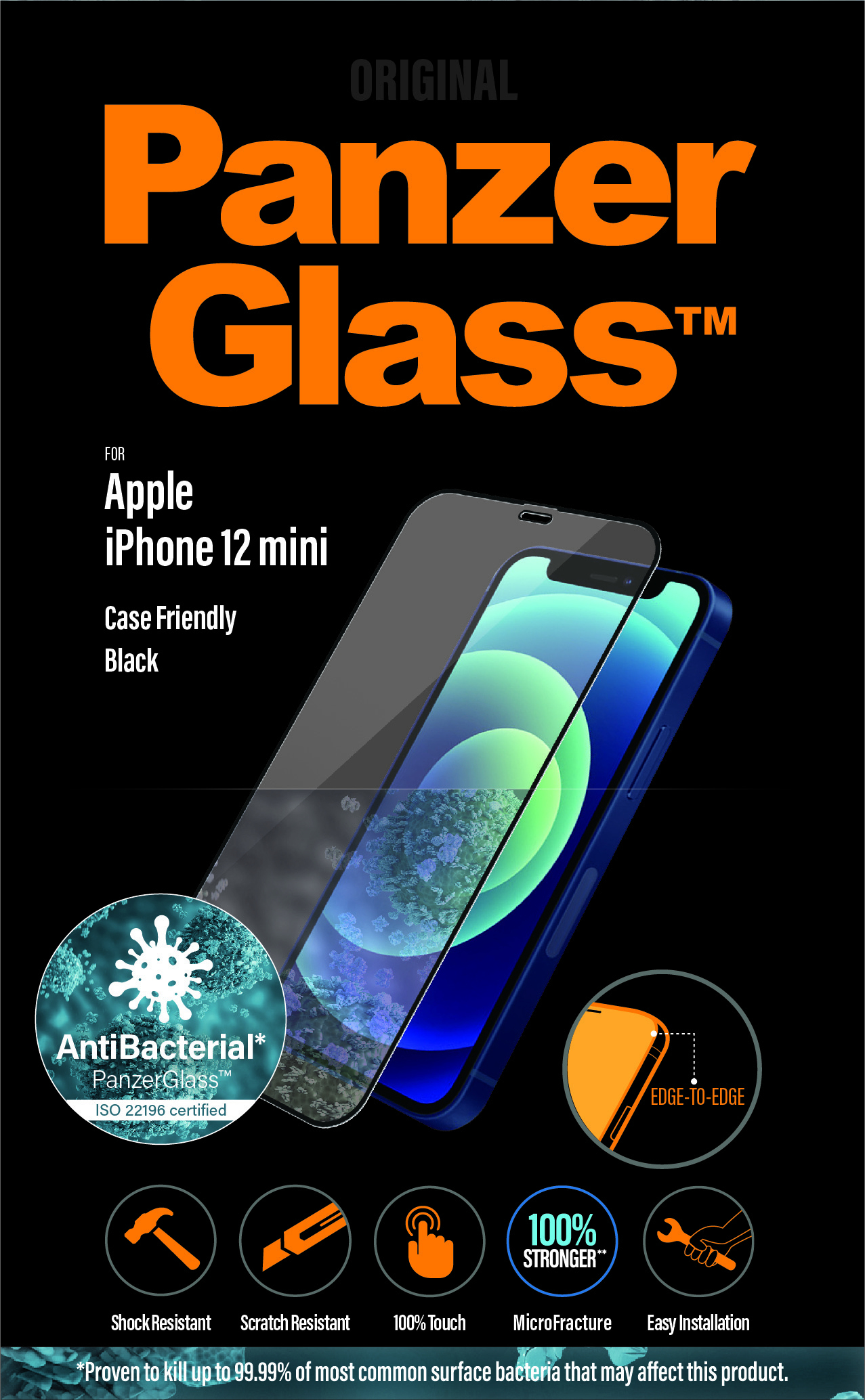 Proteggi schermo PanzerGlass nero per iPhone 12 mini, applicato a un telefono blu. Caratteristiche: antibatterico ed edge-to-edge.
