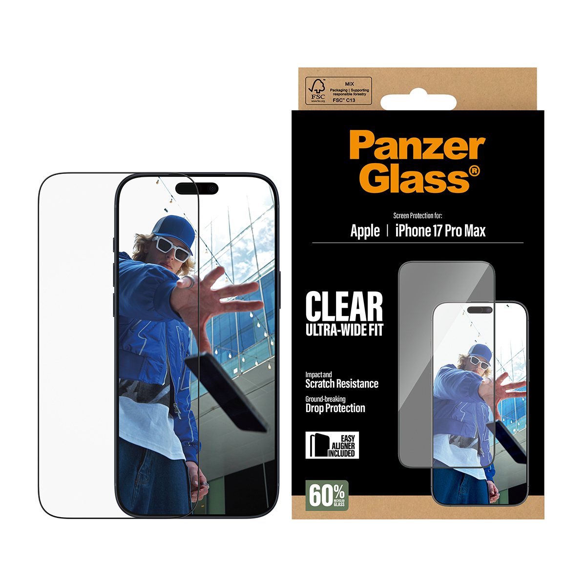 Une boîte de protection d'écran de téléphone et un téléphone avec une personne portant des lunettes de soleil et une veste bleue tend la main.