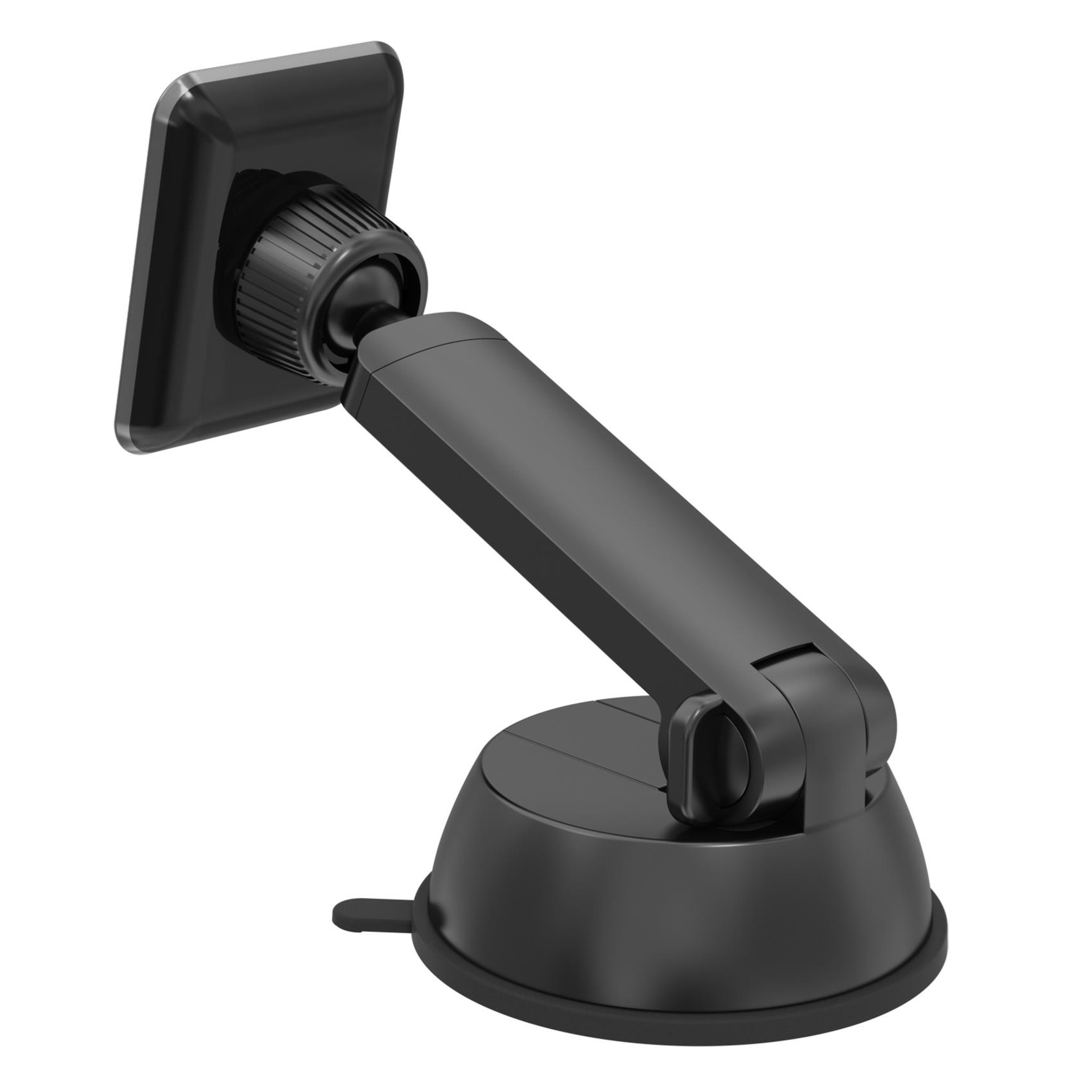 Schwarzer Autotelefonhalter. Er hat einen Saugfuß, einen verstellbaren Arm und eine quadratische Telefonhalterung.