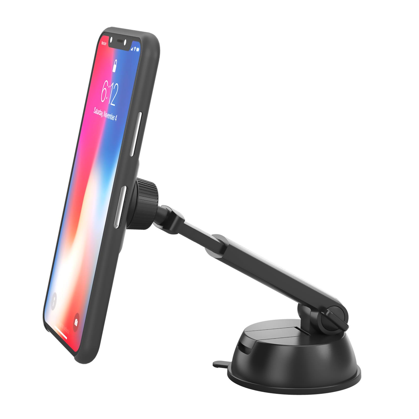 Ein Telefon in einer schwarzen Hülle ist an einem schwarzen Autotelefonhalter befestigt. Das Telefon zeigt Uhrzeit und Datum an.